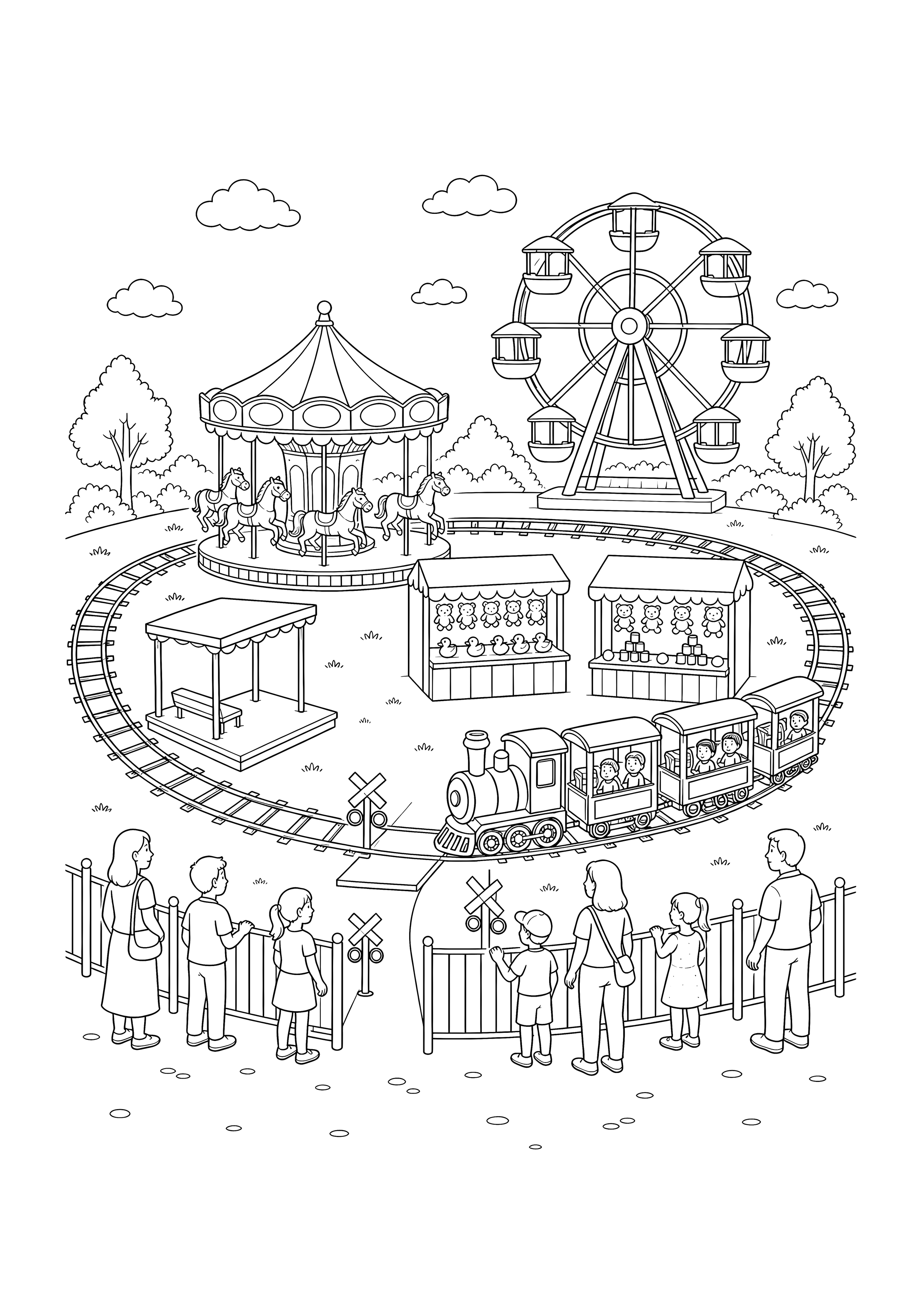 Miniaturbahn auf der Kirmes — Eine kleine Eisenbahn fährt mit mehreren Wagen auf einem geschlossenen Rundkurs.