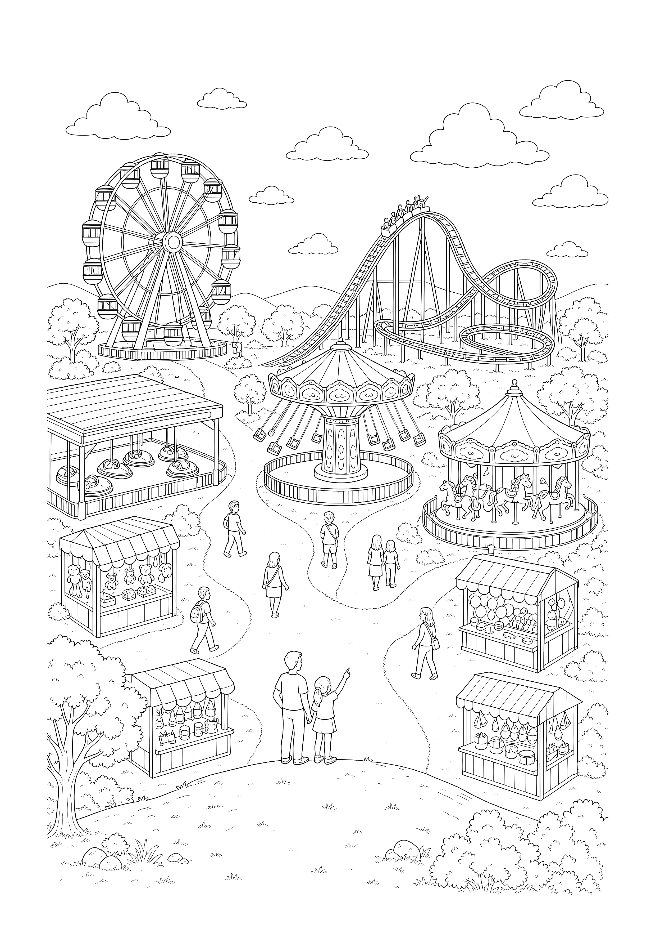 Großes Festplatz-Panorama Ausmalbild — Ein weites Panorama zeigt getrennte Fahrgeschäfte, Buden, Wege und viele Besucher.