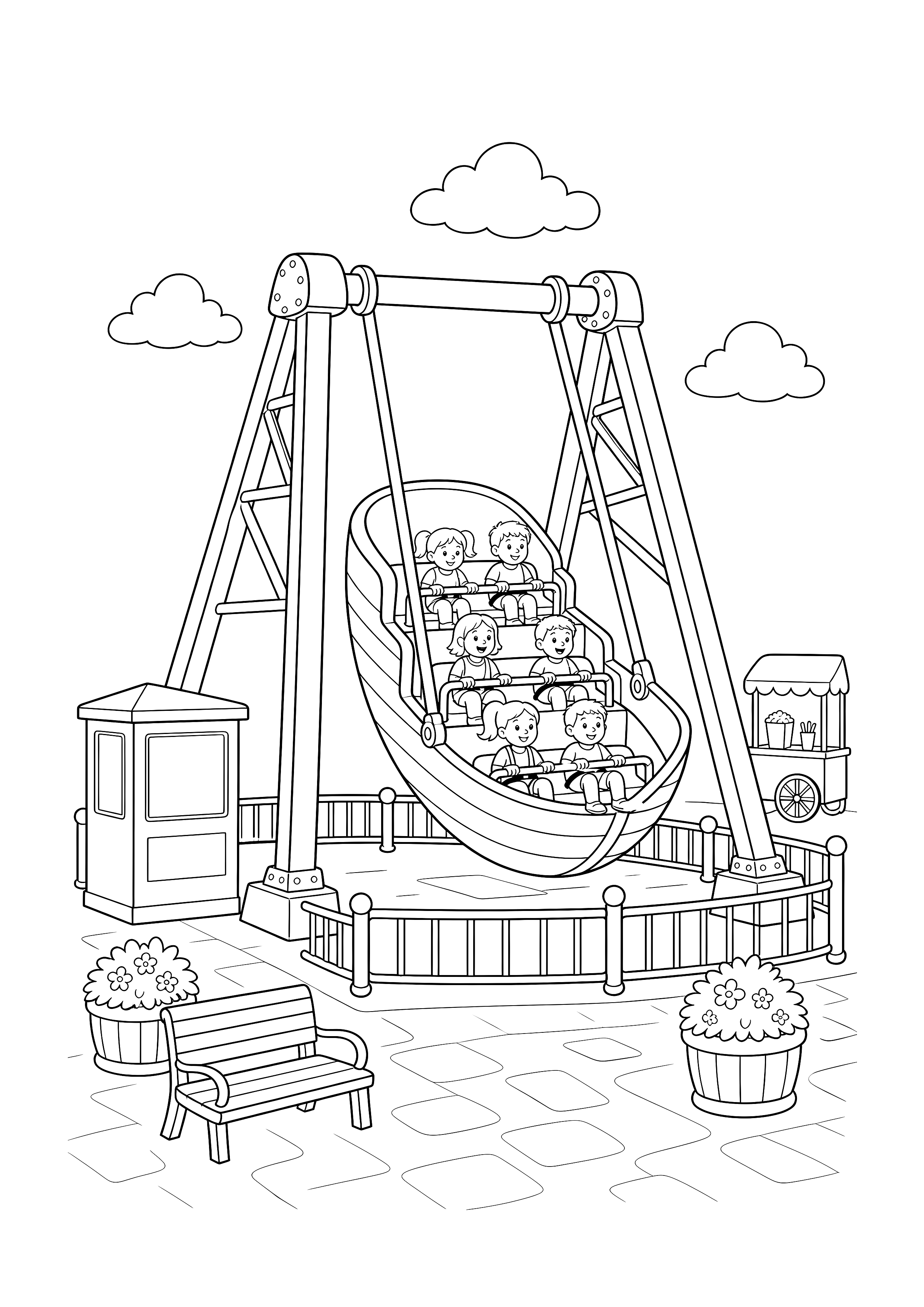 Piratenschiff-Schaukel — Ein großes Piratenschiff schwingt mit mehreren Fahrgästen zwischen Kassenhäuschen, Geländer, Popcornstand und Blumen.