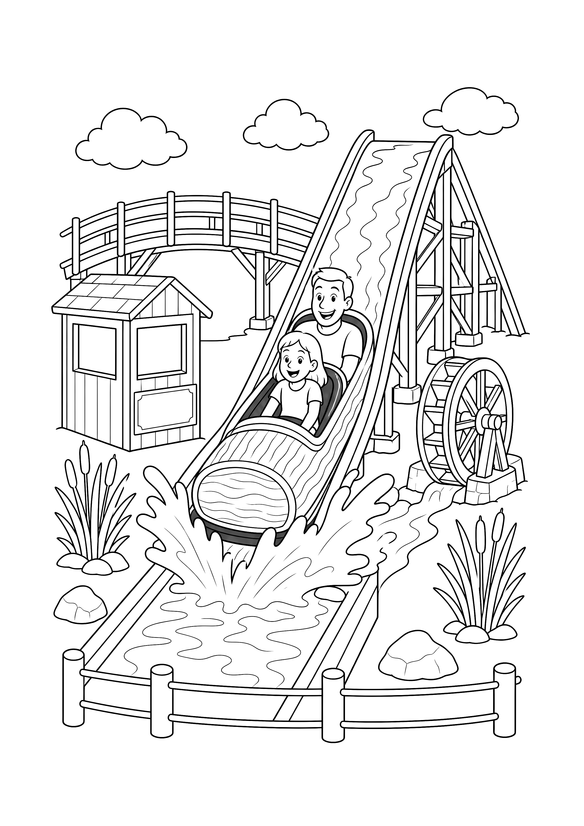 Wildwasserbahn mit großem Spritzer — Zwei Fahrgäste sausen im Baumstammboot die Rinne hinab zwischen Brücke, Wasserrad, Schilf und Kassenhaus.