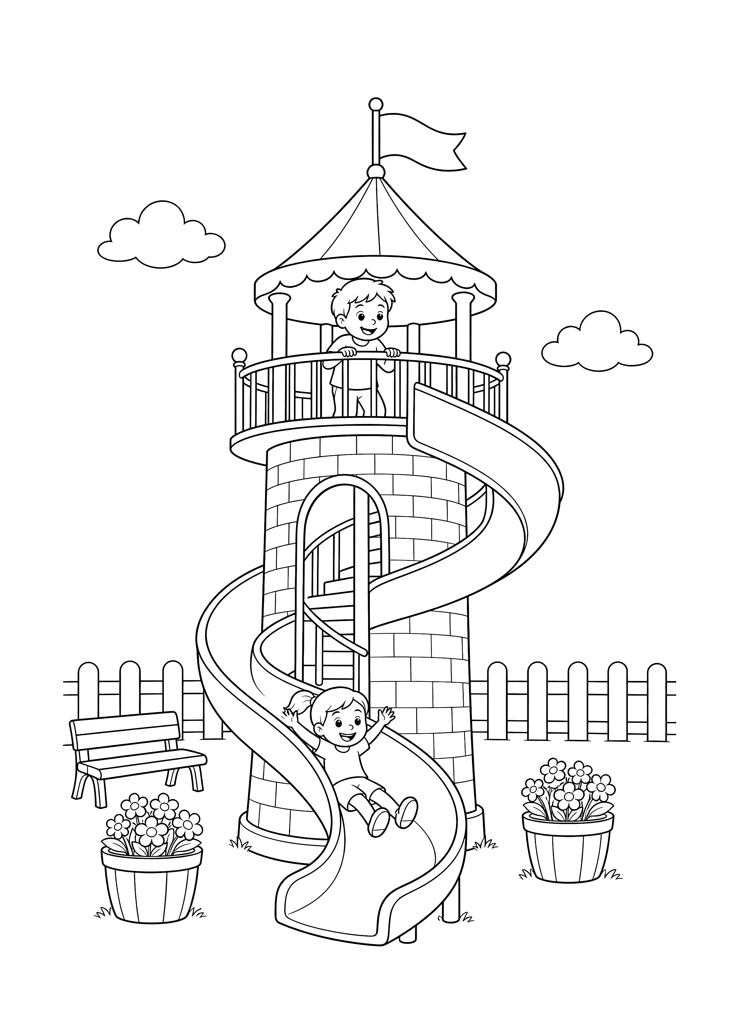 Spiralrutsche am Aussichtsturm — Kinder nutzen eine breite Spiralrutsche an einem kleinen Turm zwischen Fahne, Bank, Zaun und Blumenkübeln.