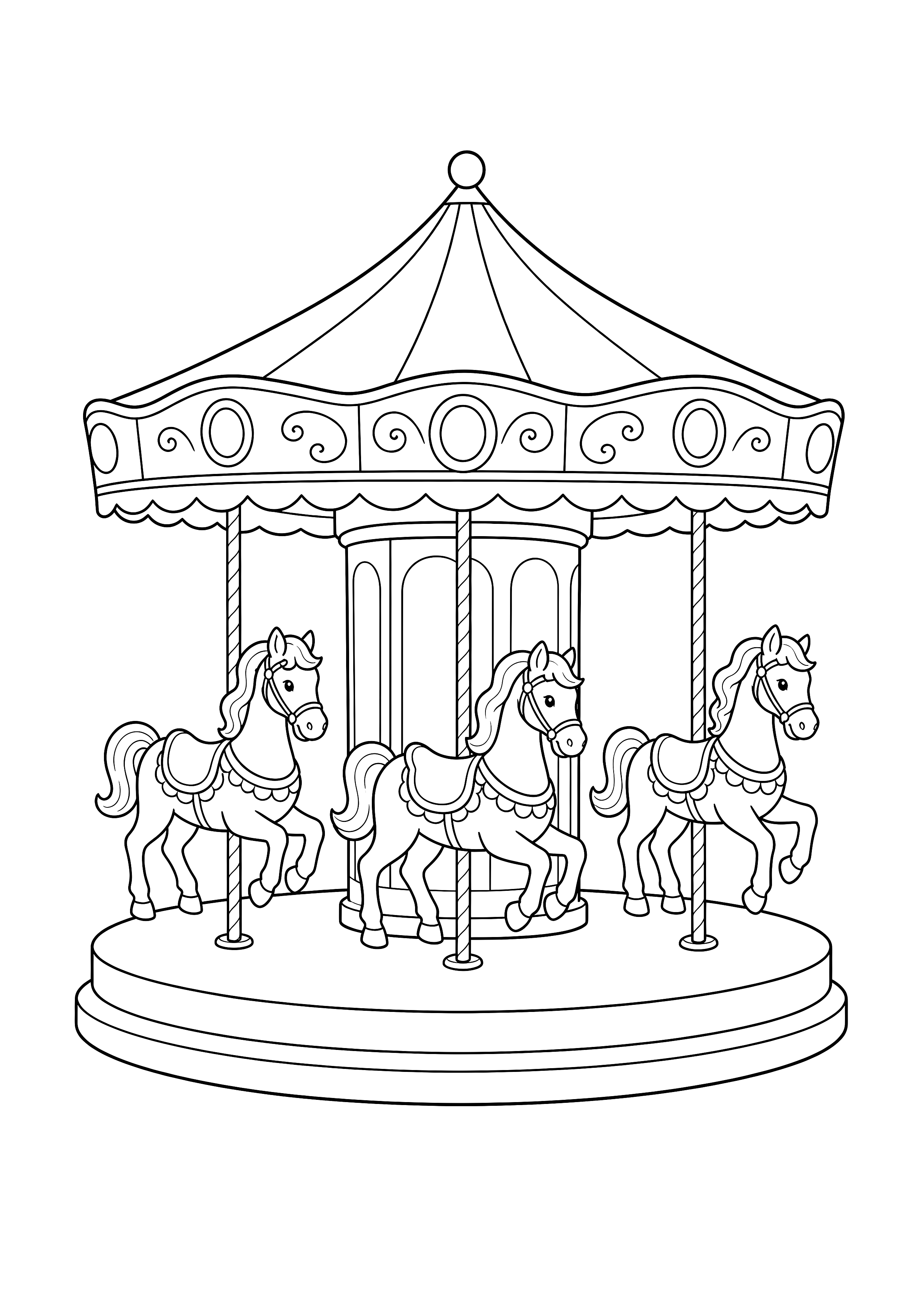 Karussell auf der Kirmes Ausmalbild — Ein klassisches Karussell mit Pferden dreht sich auf dem Festplatz.
