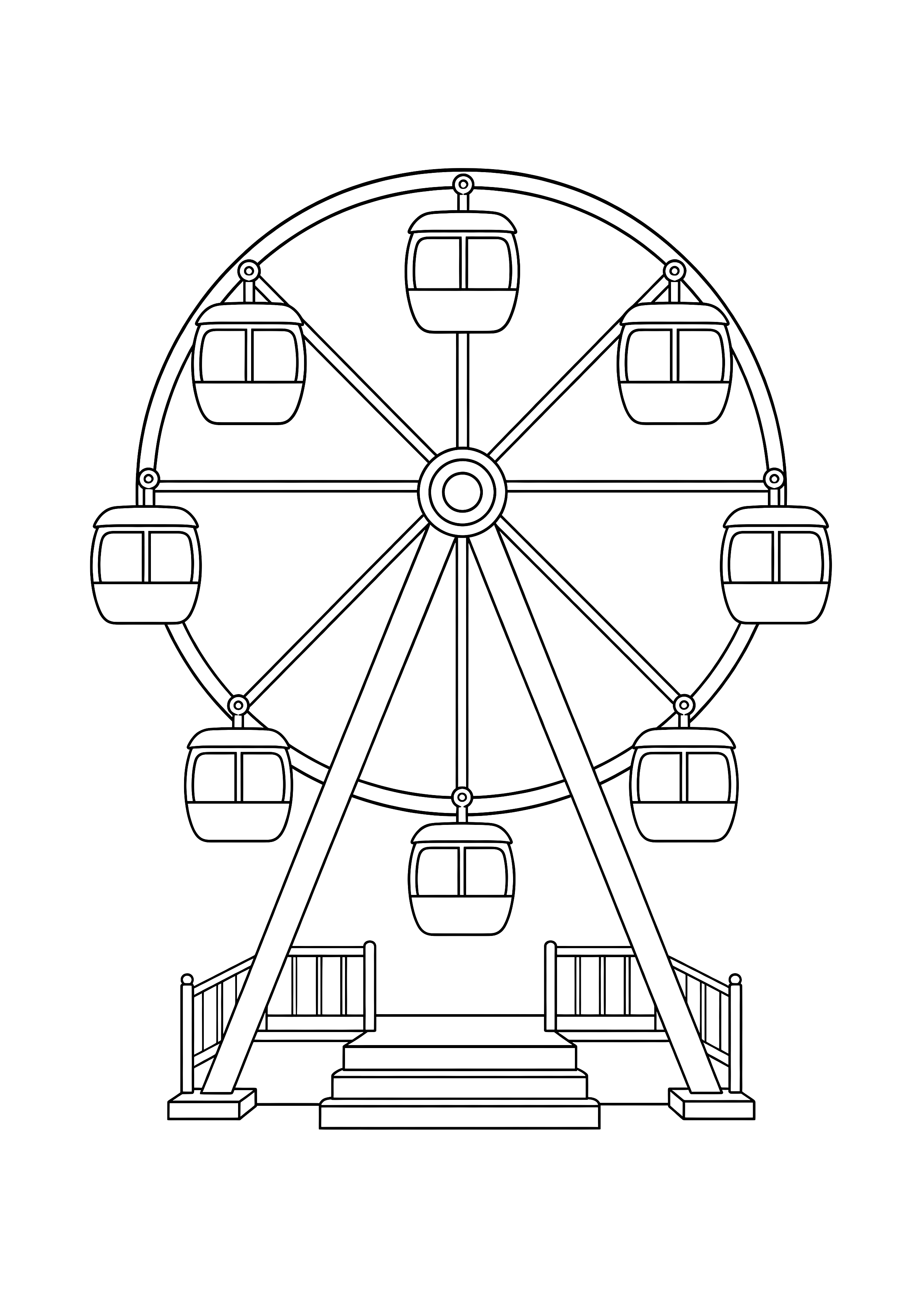 Großes Riesenrad Ausmalbild — Ein großes Riesenrad mit aufrechten Gondeln steht über dem Jahrmarkt.