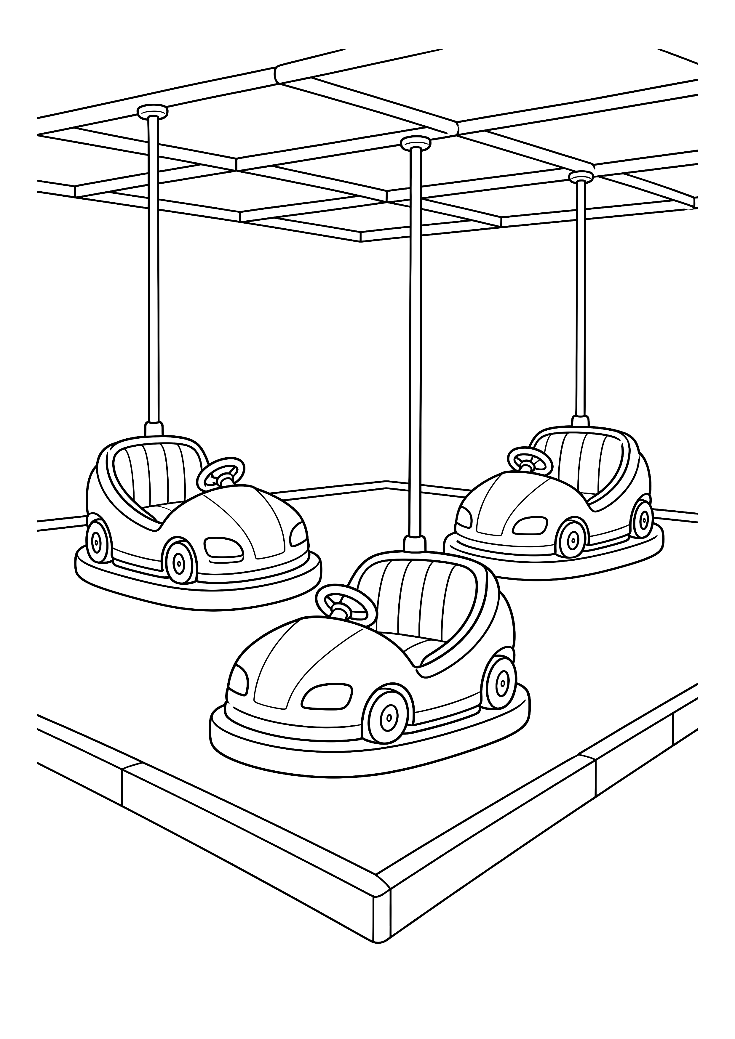 Autoscooter auf dem Rummel Ausmalbild — Drei verschiedene Autoscooter fahren unter dem Dach der Fahrbahn.