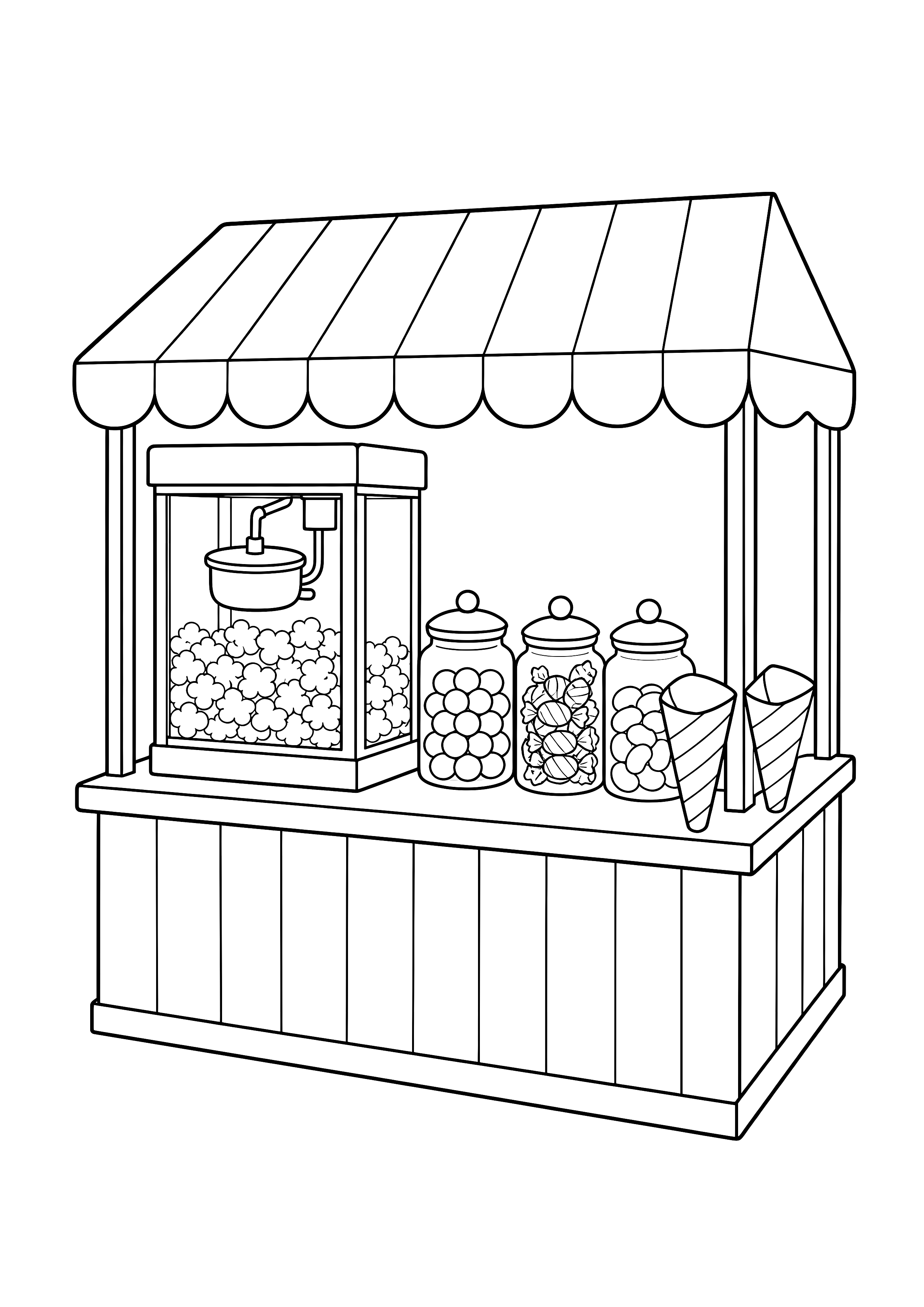 Popcorn- und Süßwarenstand Ausmalbild — Ein fröhlicher Kirmesstand zeigt Popcorn und Süßigkeiten ohne Beschriftung.