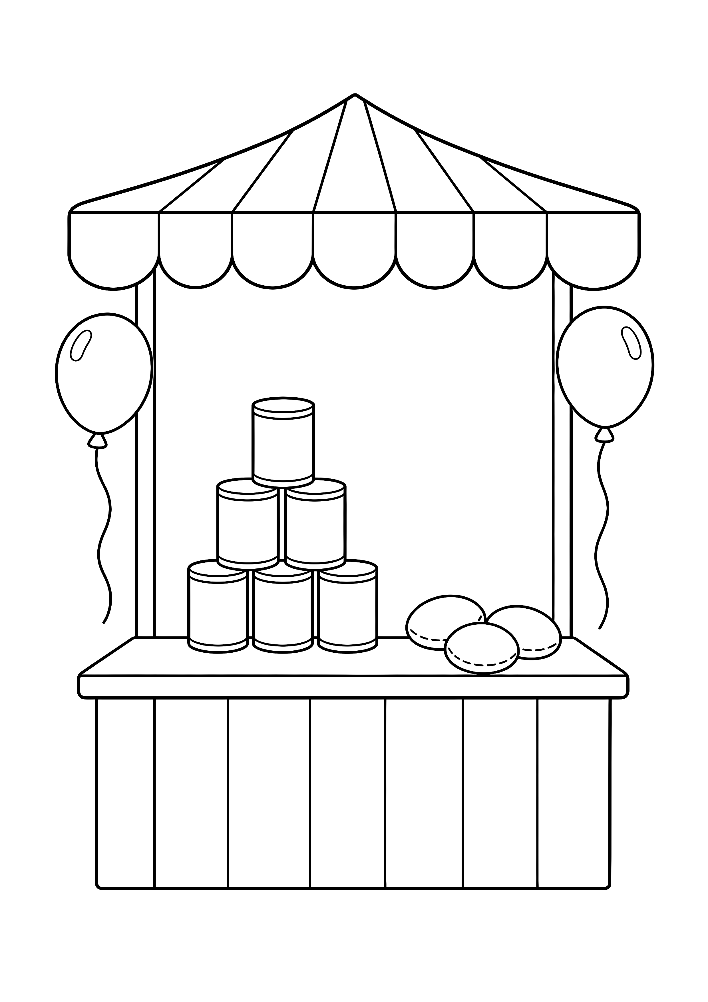 Dosenwerfen Ausmalbild für Kinder — Sechs Dosen stehen als Pyramide für das Wurfspiel bereit.