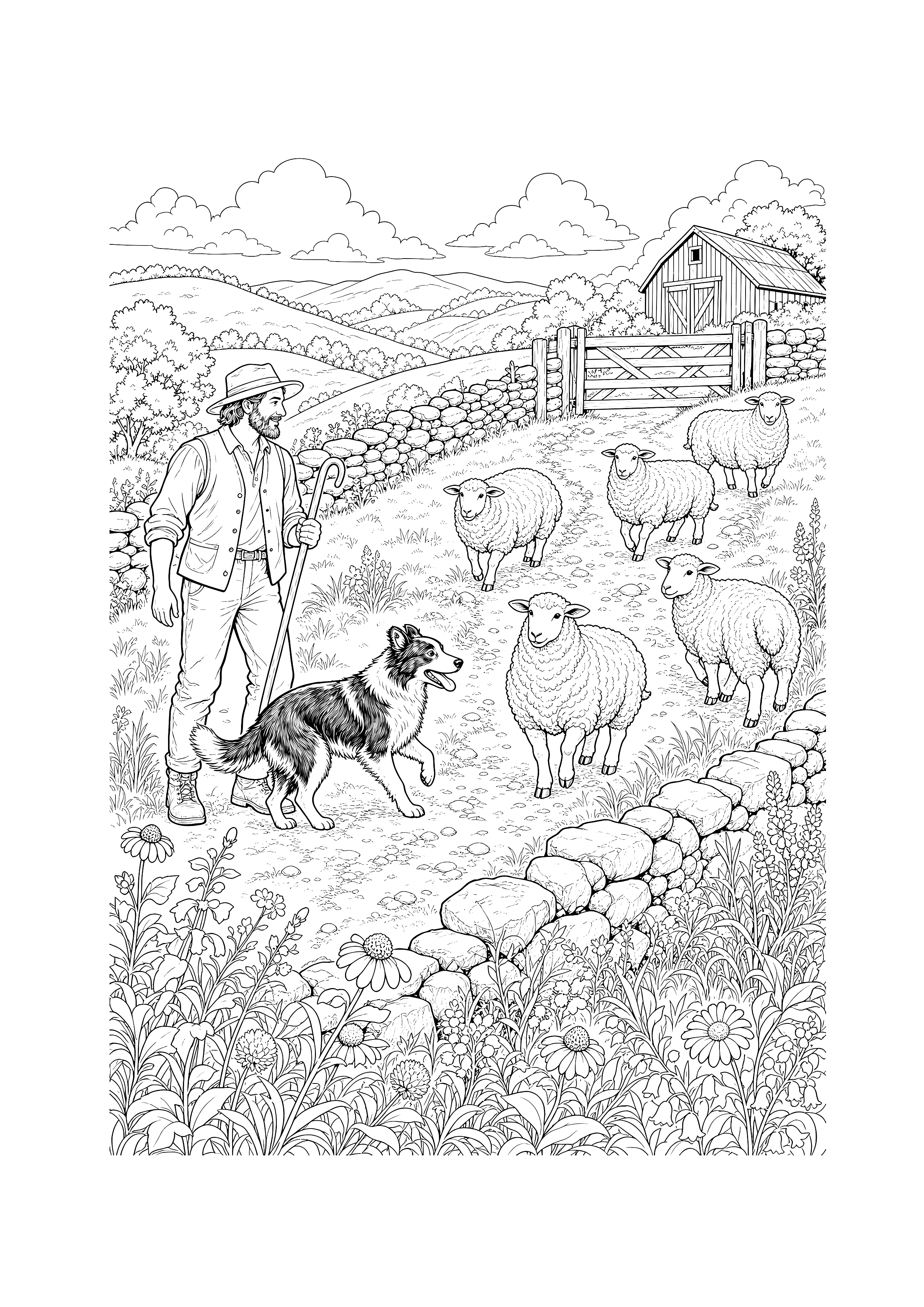 Schafherde am Hügel — Ein Schäfer und sein Hütehund führen eine Schafherde über die hügelige Weide.