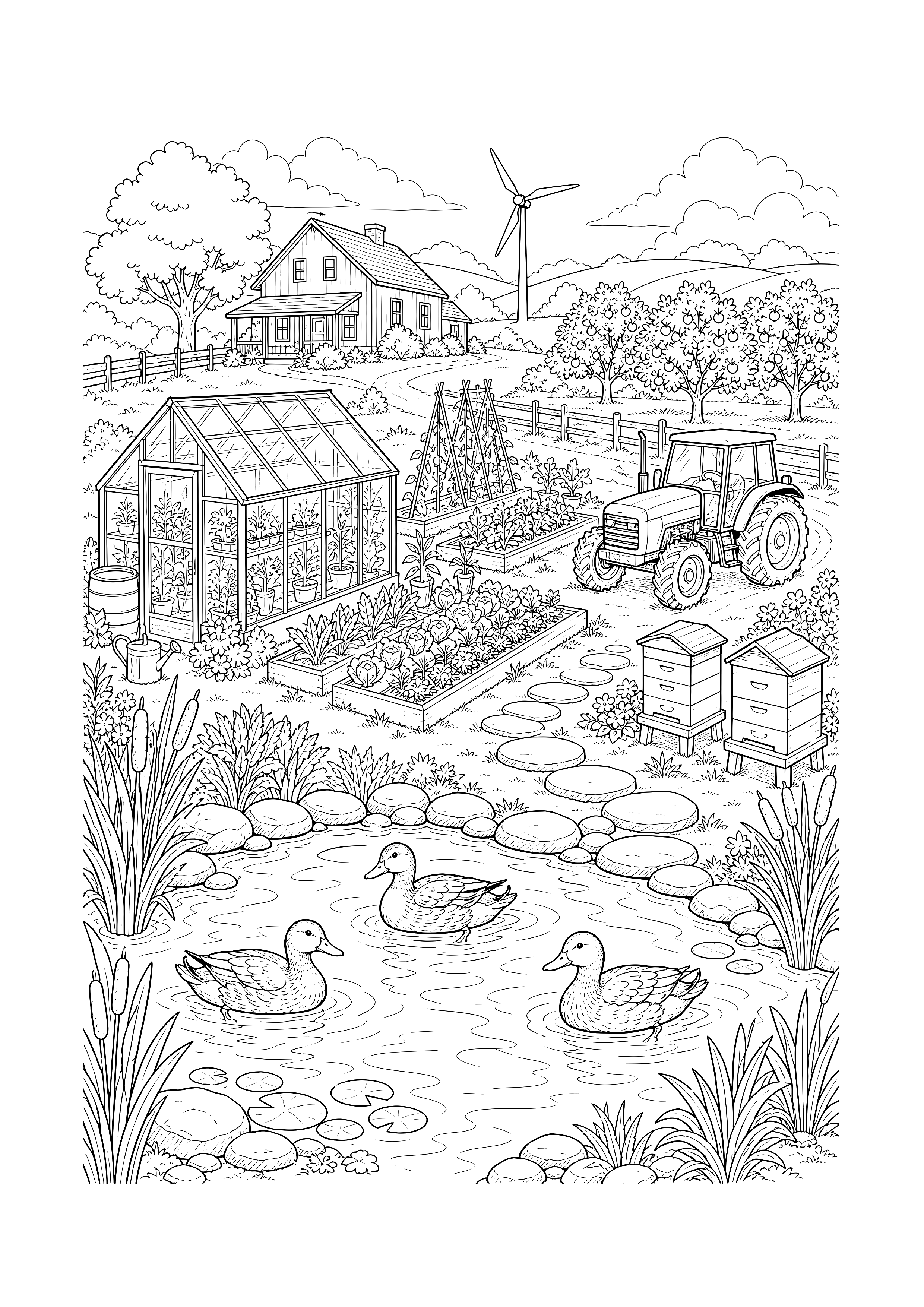 Frühling auf dem Ökohof — Teich, Enten, Gewächshaus, Bienenstöcke und Traktor bilden einen vielseitigen Frühlingshof.