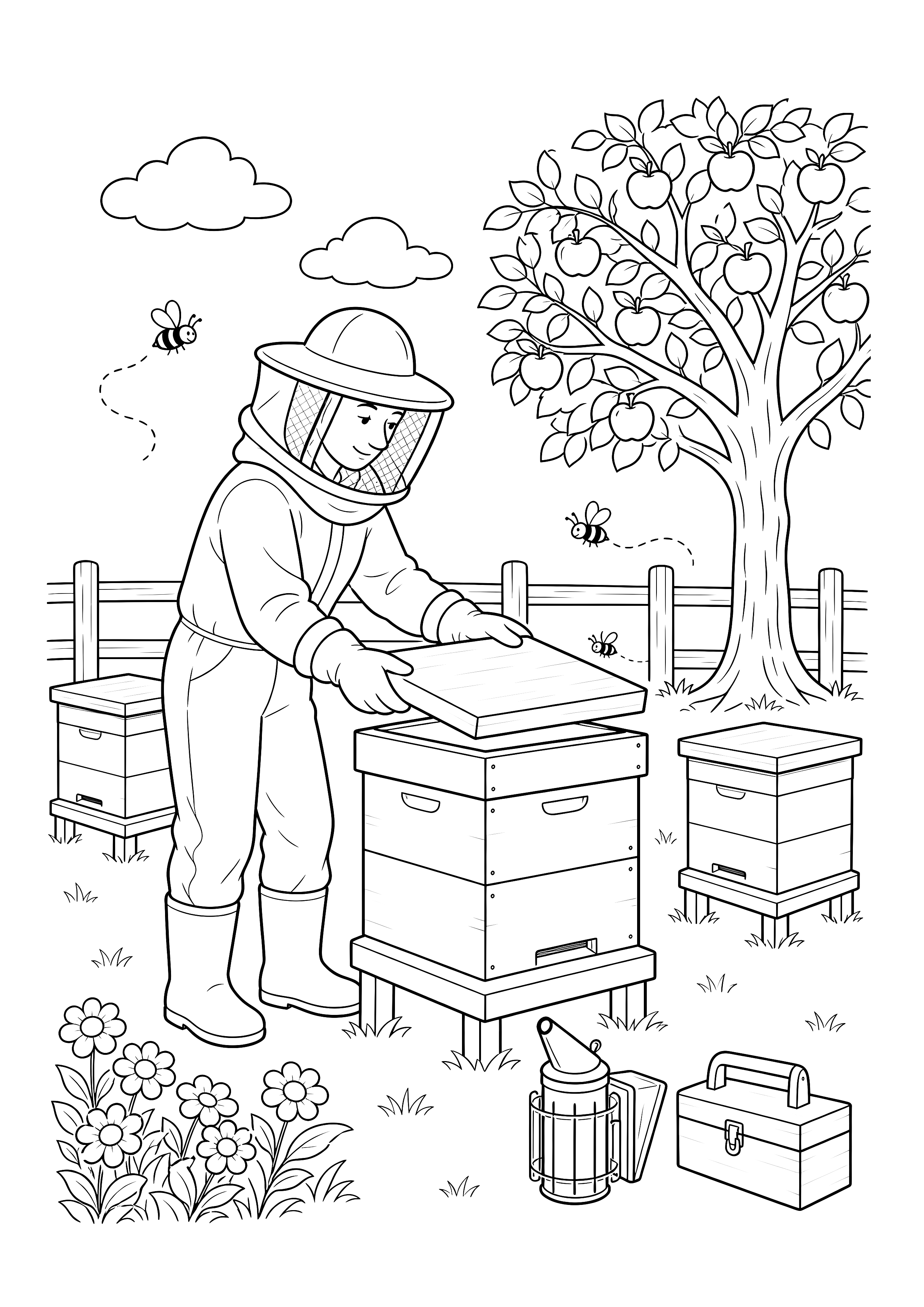 Imkerin im Obstgarten — Eine Imkerin kontrolliert Bienenstöcke unter einem Apfelbaum mit Smoker und Werkzeugkiste.