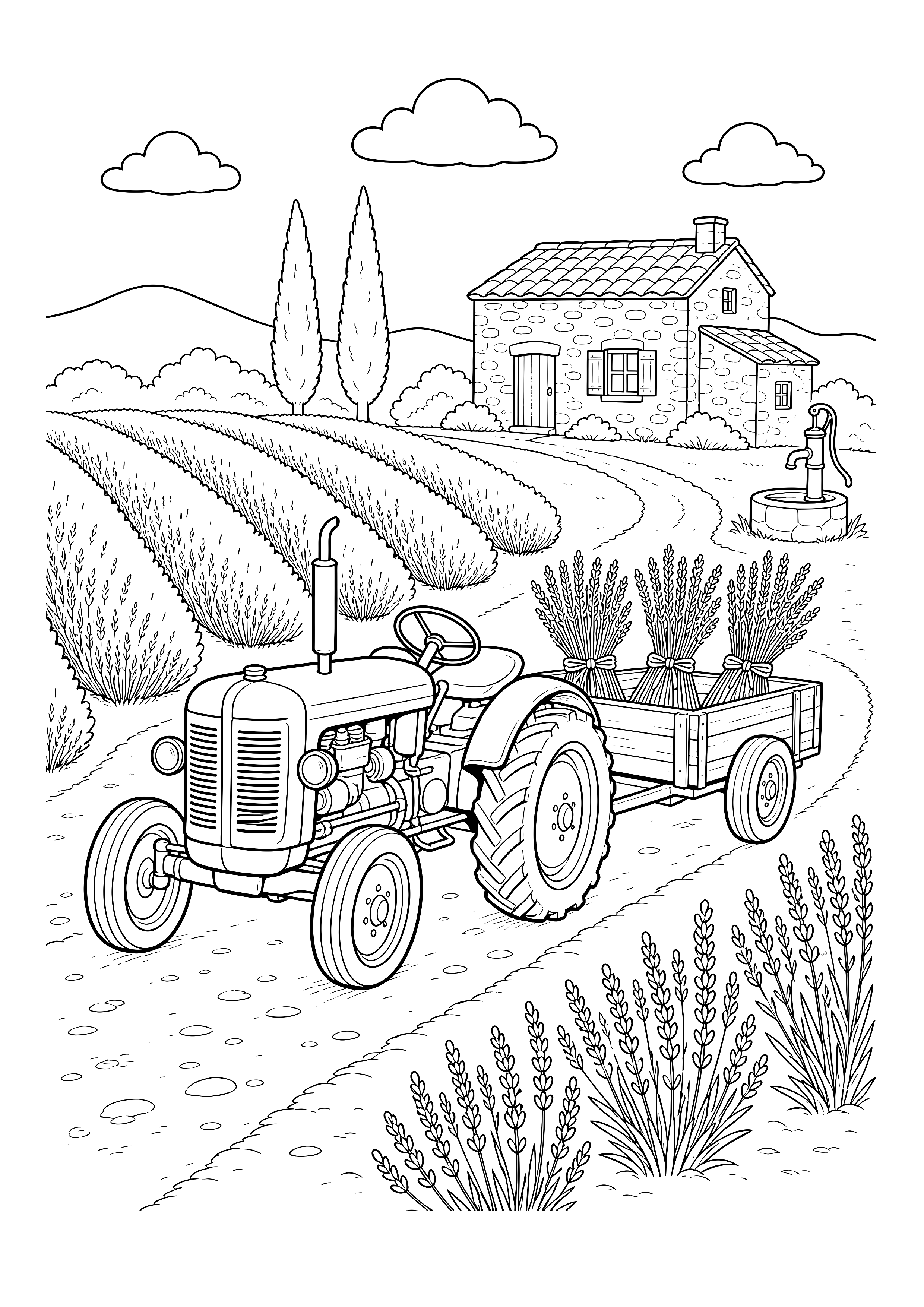 Lavendelernte mit dem Traktor — Ein klassischer Traktor fährt mit Bündeln durch Lavendelreihen zu einem steinernen Bauernhaus.