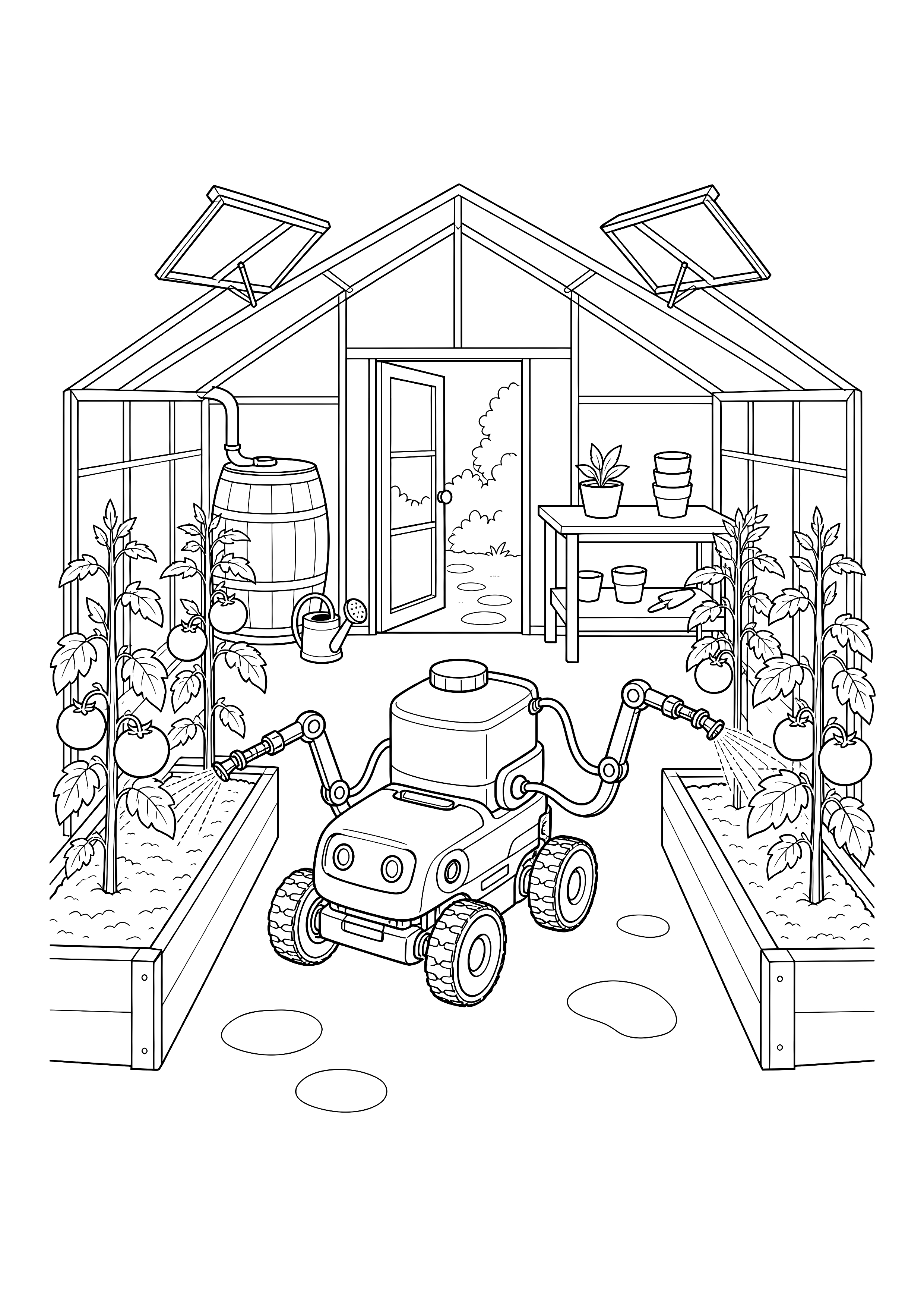 Gartenroboter im Gewächshaus — Ein kleiner Roboter versorgt Tomatenbeete zwischen Regentonne, Pflanztisch und Solarpaneelen.