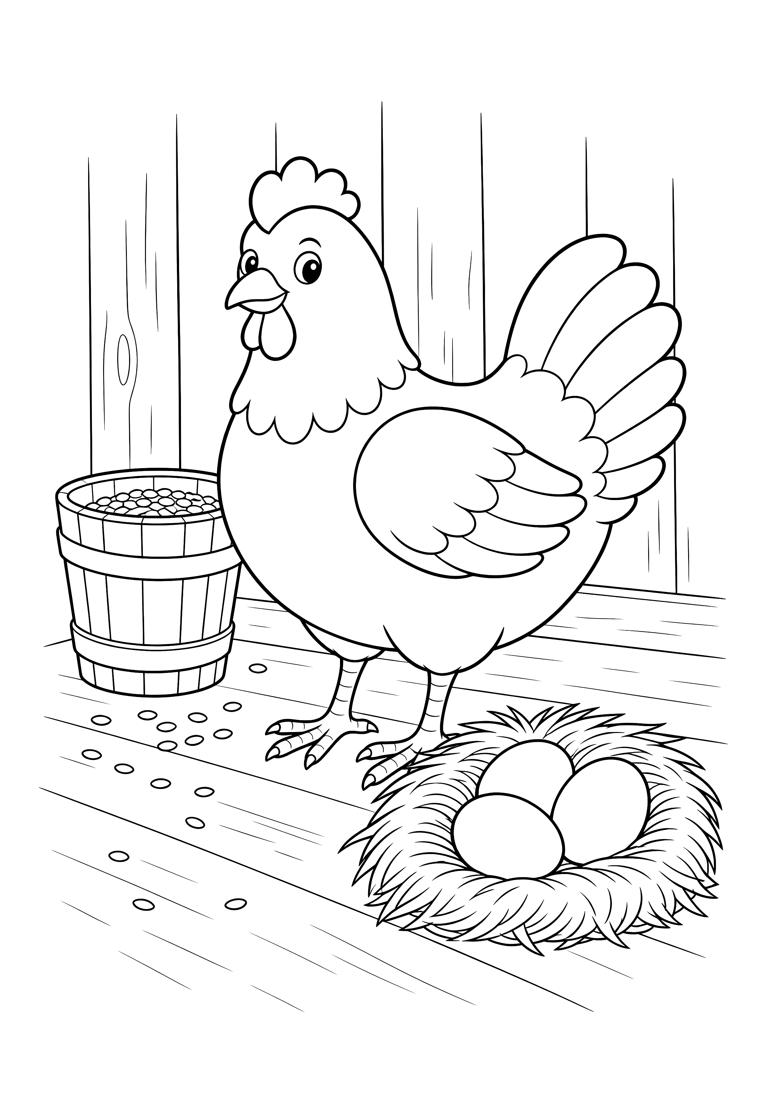 Henne mit Eiern — Eine Henne sitzt aufmerksam neben ihrem Nest mit Eiern.