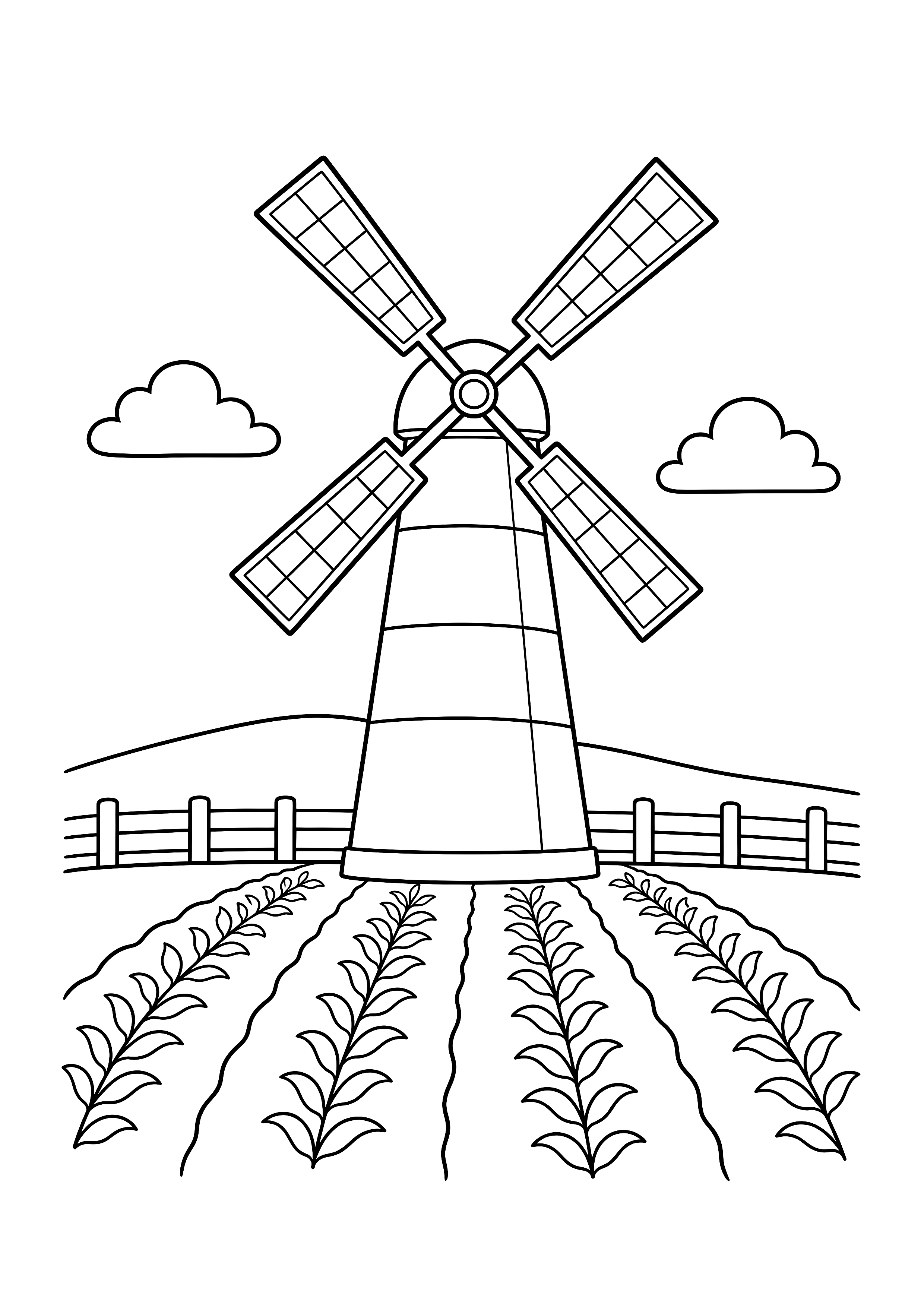 Windmühle über den Feldern — Eine vierflügelige Windmühle ragt über ordentlichen Pflanzenreihen auf.
