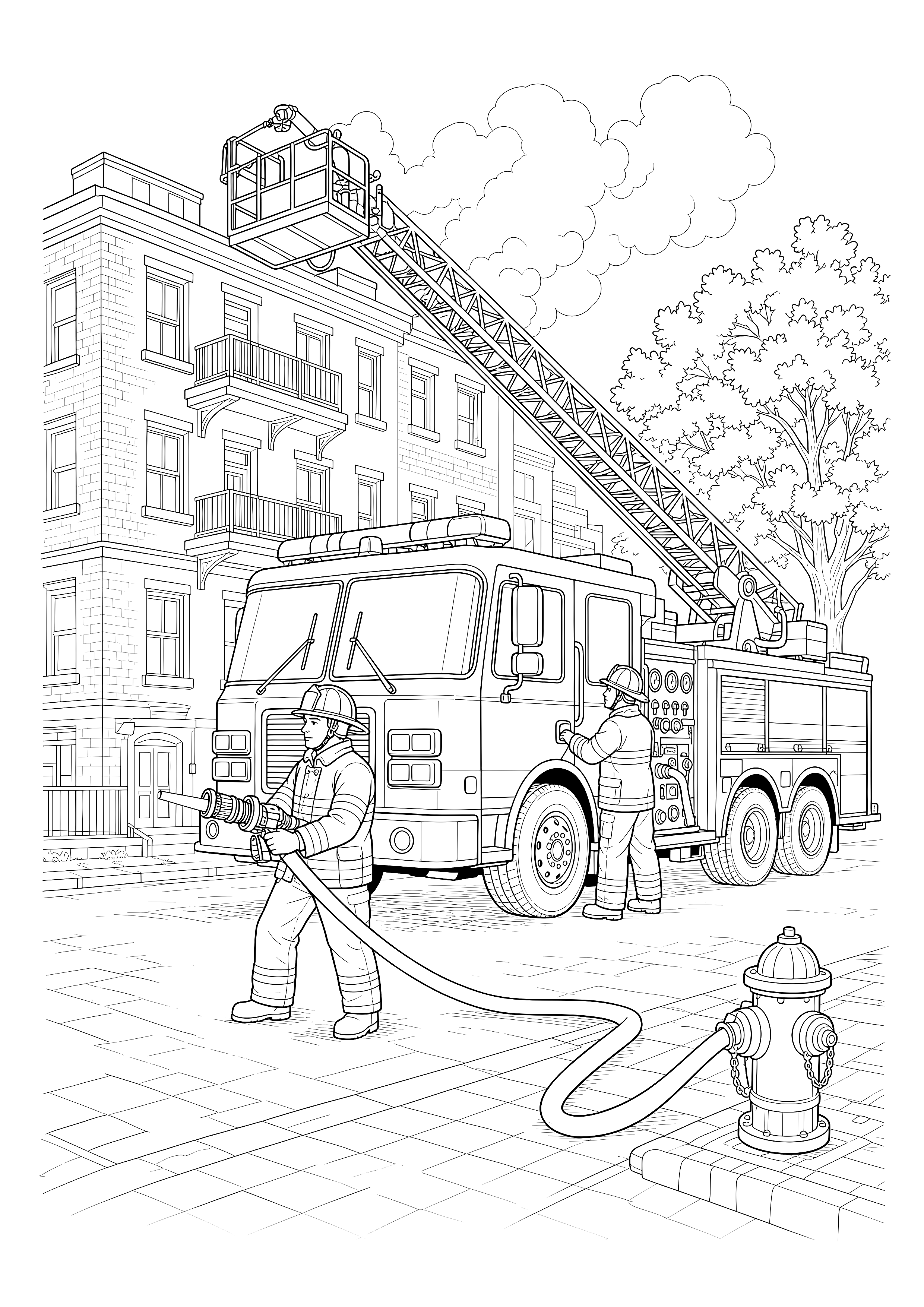 Drehleiter-Einsatz in der Stadt — Zwei Feuerwehrleute bedienen Schlauch und Steuerung, während die Drehleiter zu einem Stadthaus ausgefahren ist.