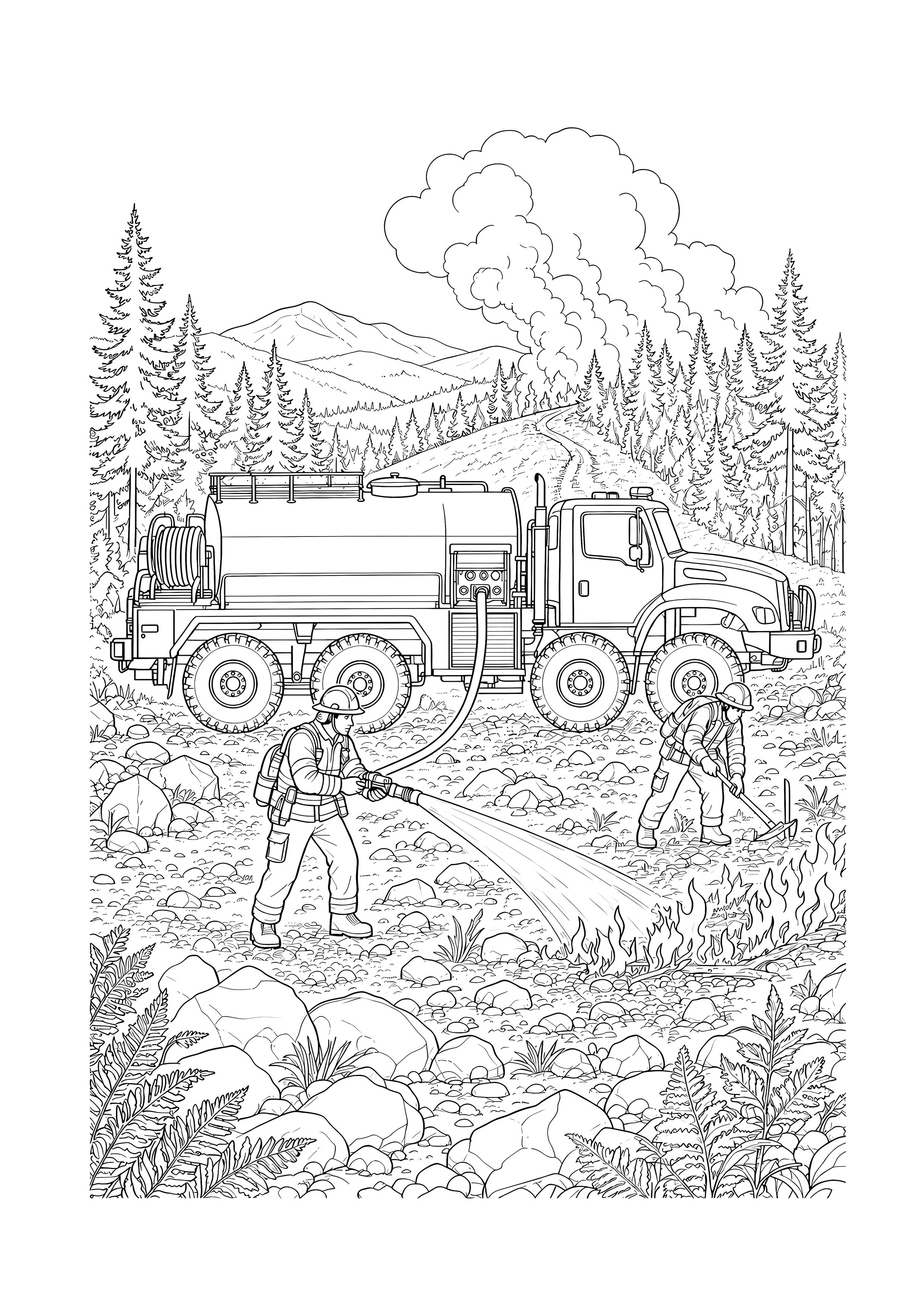 Feuerwehr beim Waldbrand — Zwei Feuerwehrleute sichern mit Schlauch und Werkzeug eine kleine Brandstelle vor einem Tankwagen.