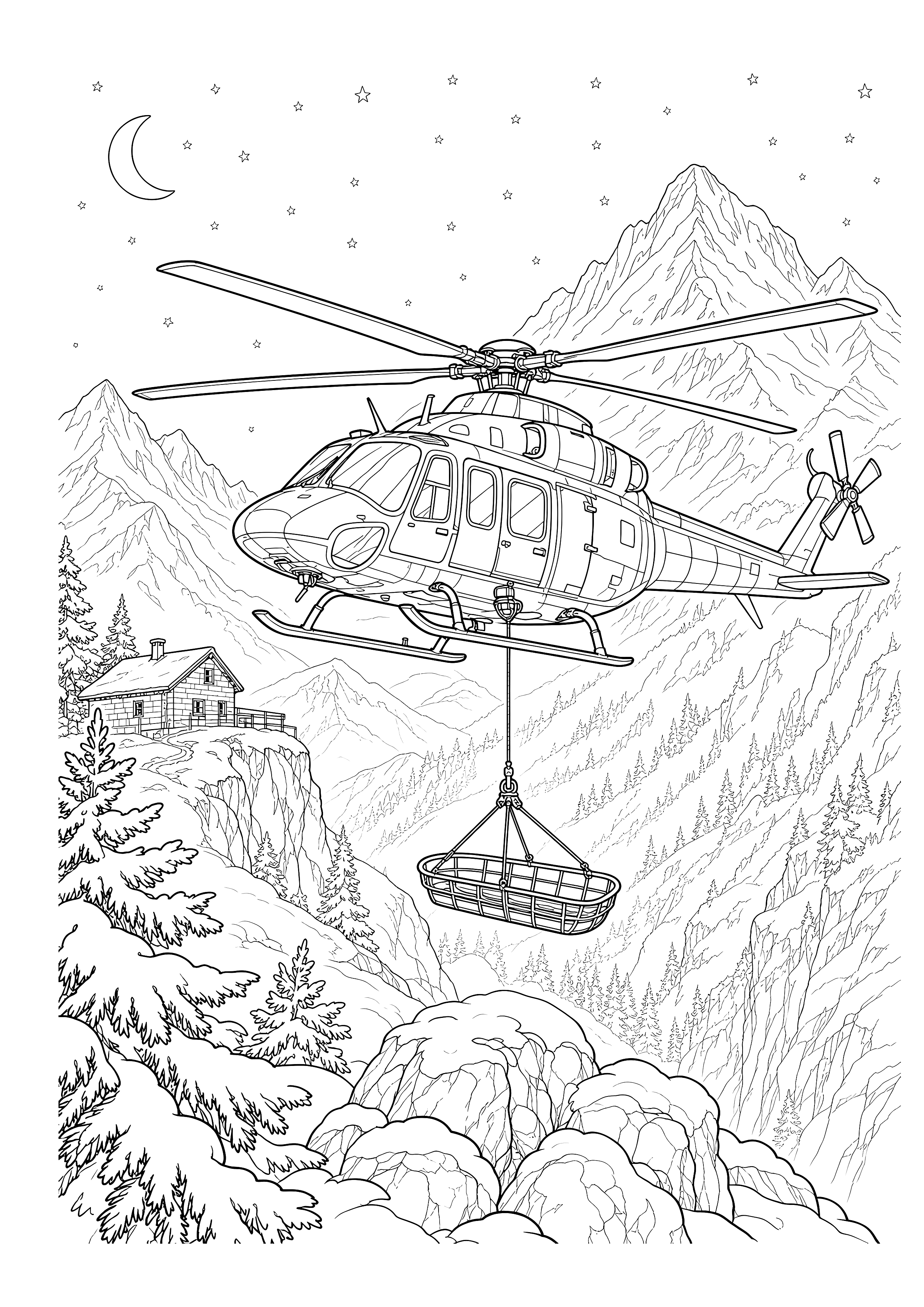 Bergrettungs-Hubschrauber bei Nacht — Ein Rettungshubschrauber lässt neben einer verschneiten Felskante einen leeren Rettungskorb herab.
