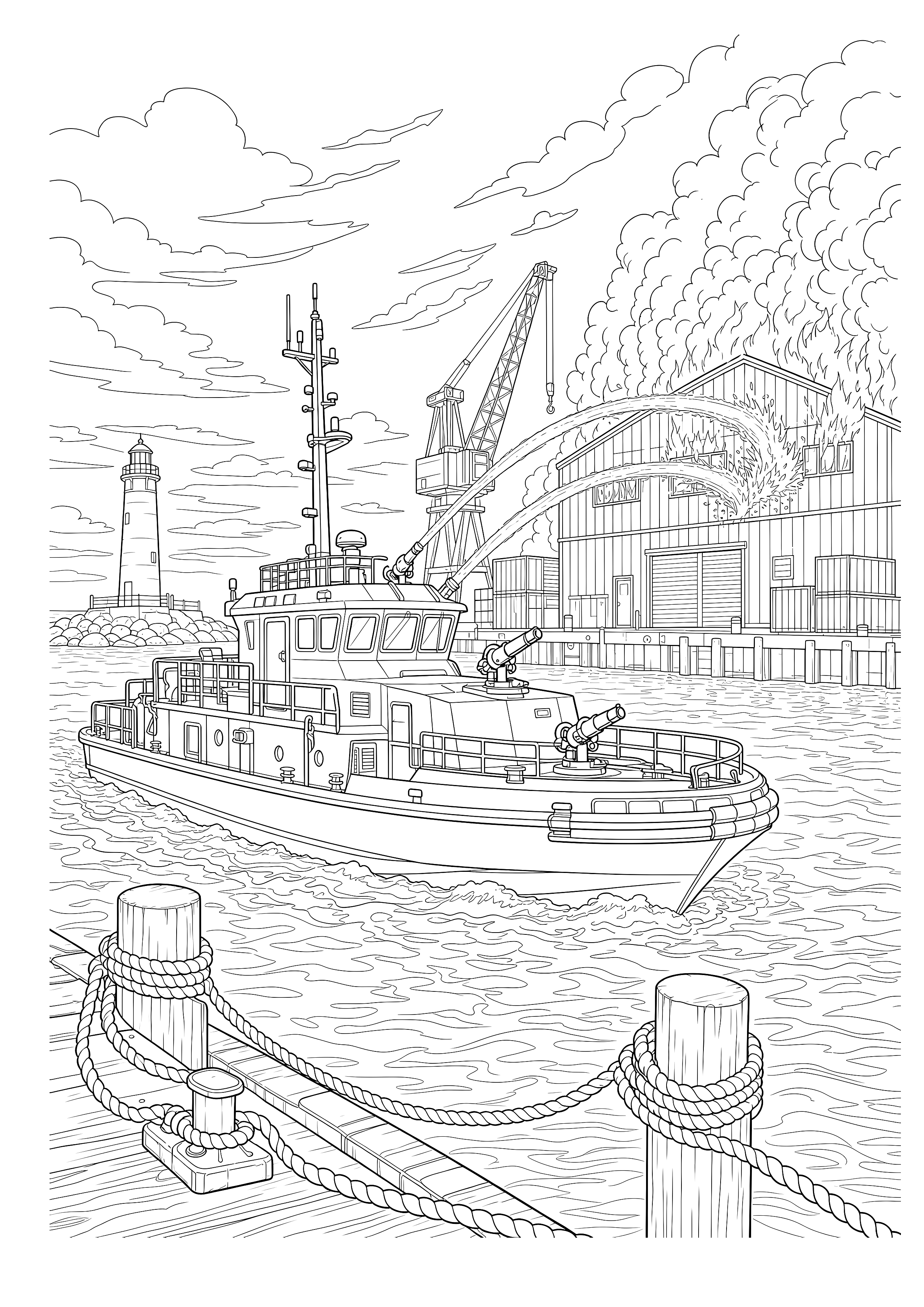 Feuerlöschboot im Hafen — Ein Feuerlöschboot fährt bei windiger Abendstimmung an einem rauchenden Hafengebäude vorbei.