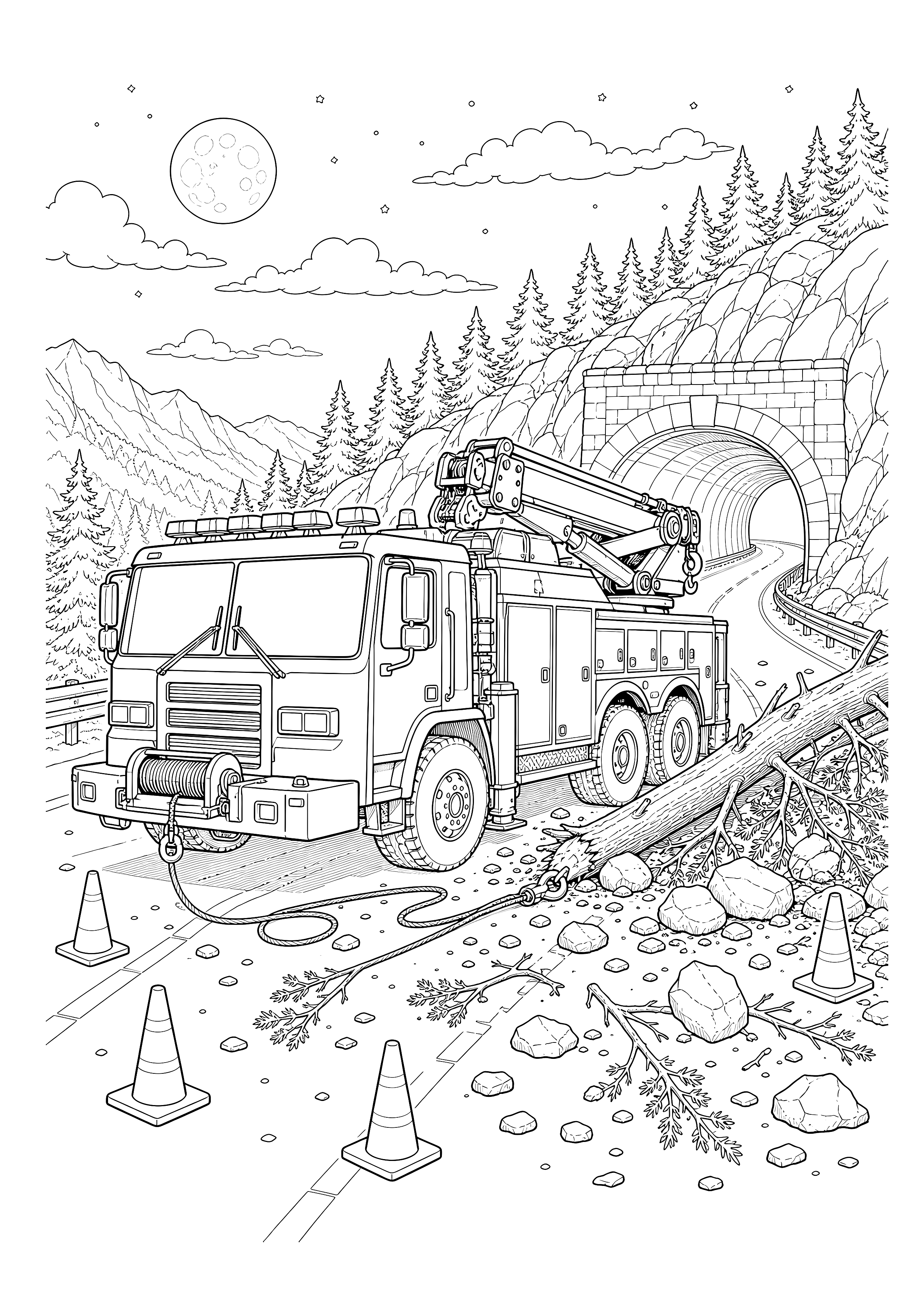 Rüstwagen am Bergtunnel — Ein schwerer Rüstwagen räumt nachts Baum und Steine von einer Bergstraße vor einem Tunnel.