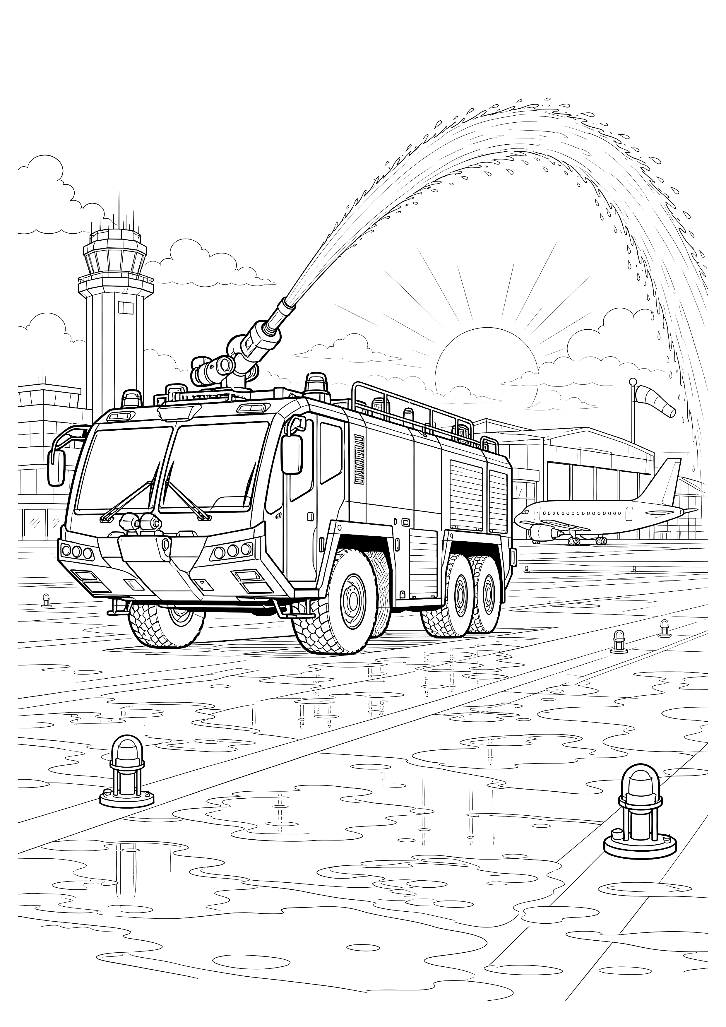 Flughafen-Löschübung — Ein Flughafen-Löschfahrzeug übt bei Sonnenaufgang mit dem Wasserwerfer neben Startbahn und Flugzeug.