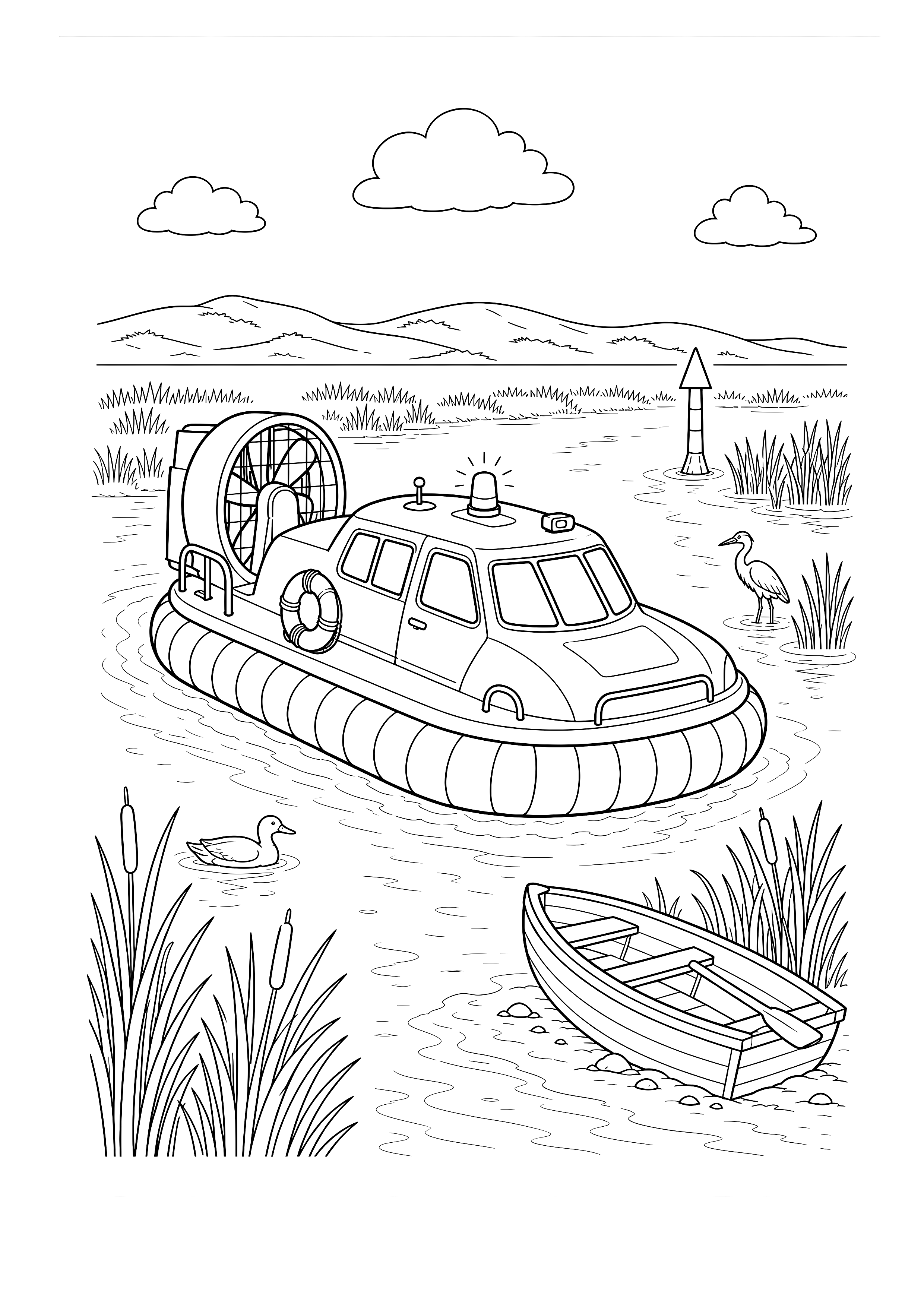 Seenotrettung im Schilf — Ein Rettungs-Luftkissenboot fährt zwischen Schilf, Boje, Wasservögeln und einem kleinen Ruderboot.