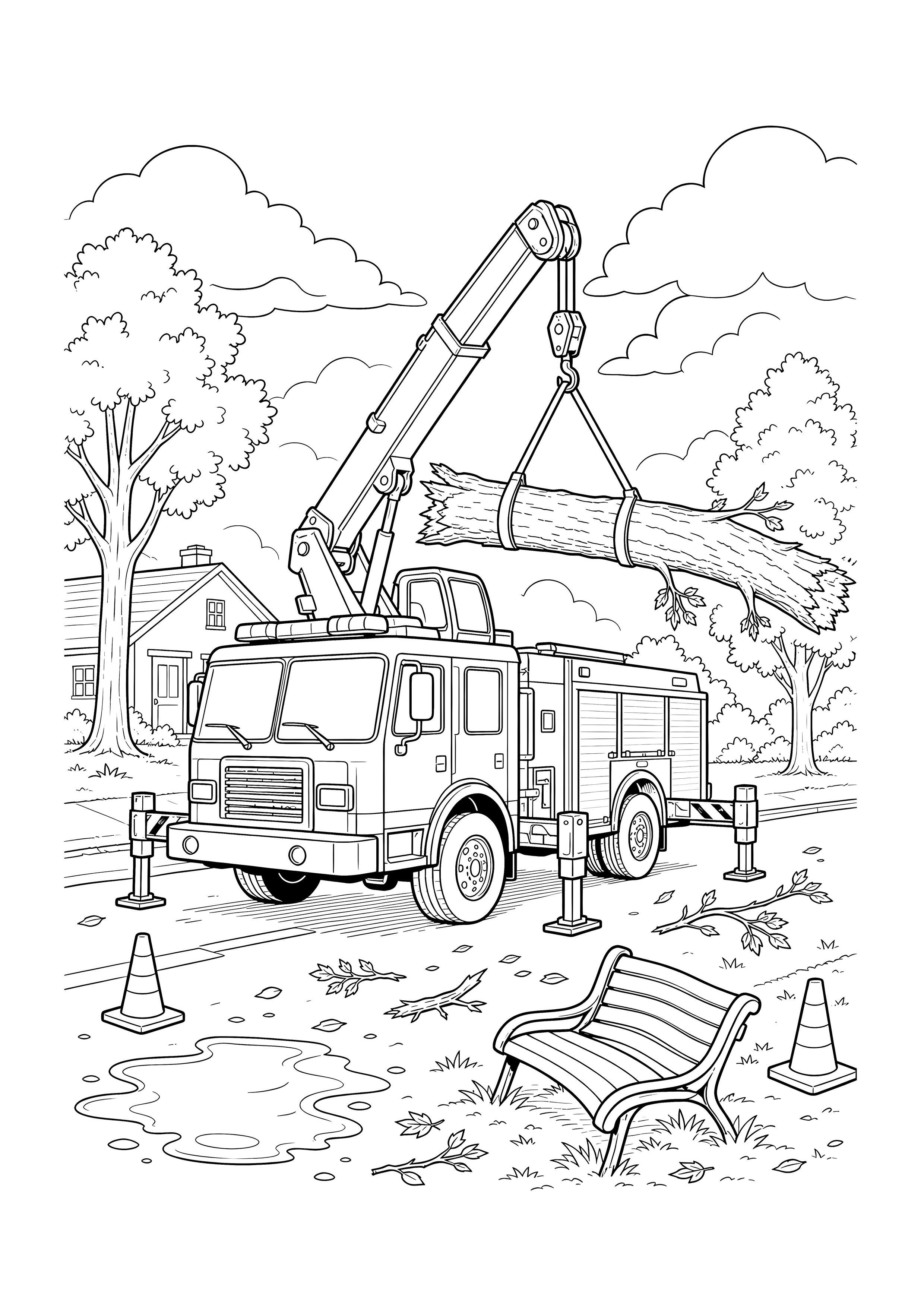 Feuerwehr räumt einen Sturmbaum — Ein Feuerwehrfahrzeug hebt mit seinem Kran einen umgestürzten Baum von einer nassen Straße.