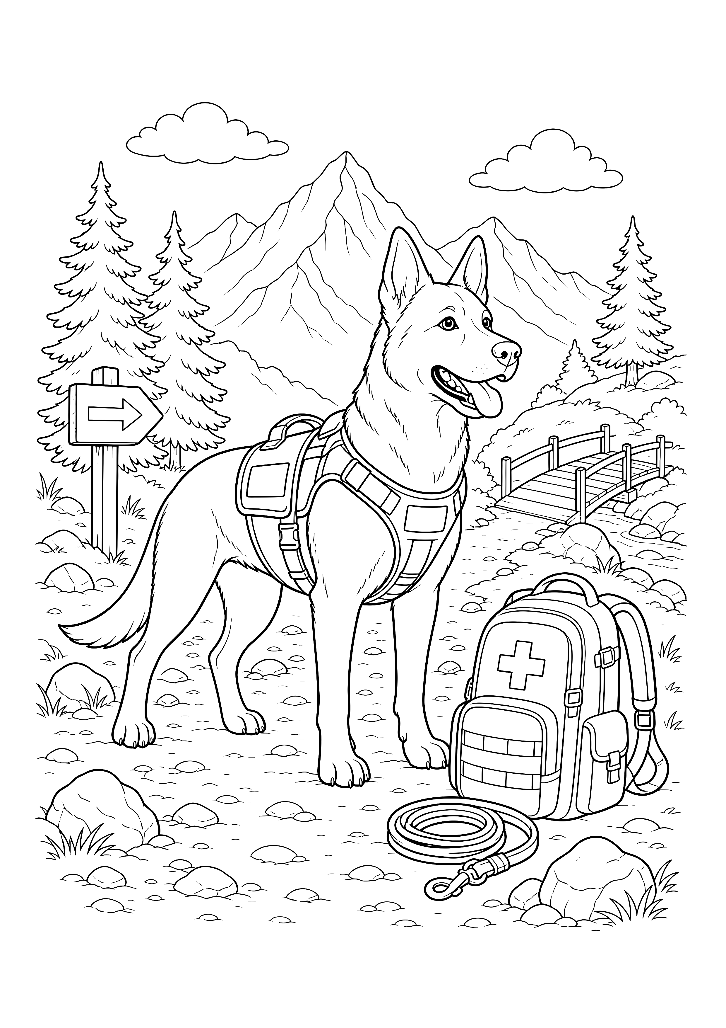 Rettungshund auf dem Bergpfad — Ein Rettungshund steht mit Geschirr, Rucksack und Seil an einem Wegweiser im Gebirge.