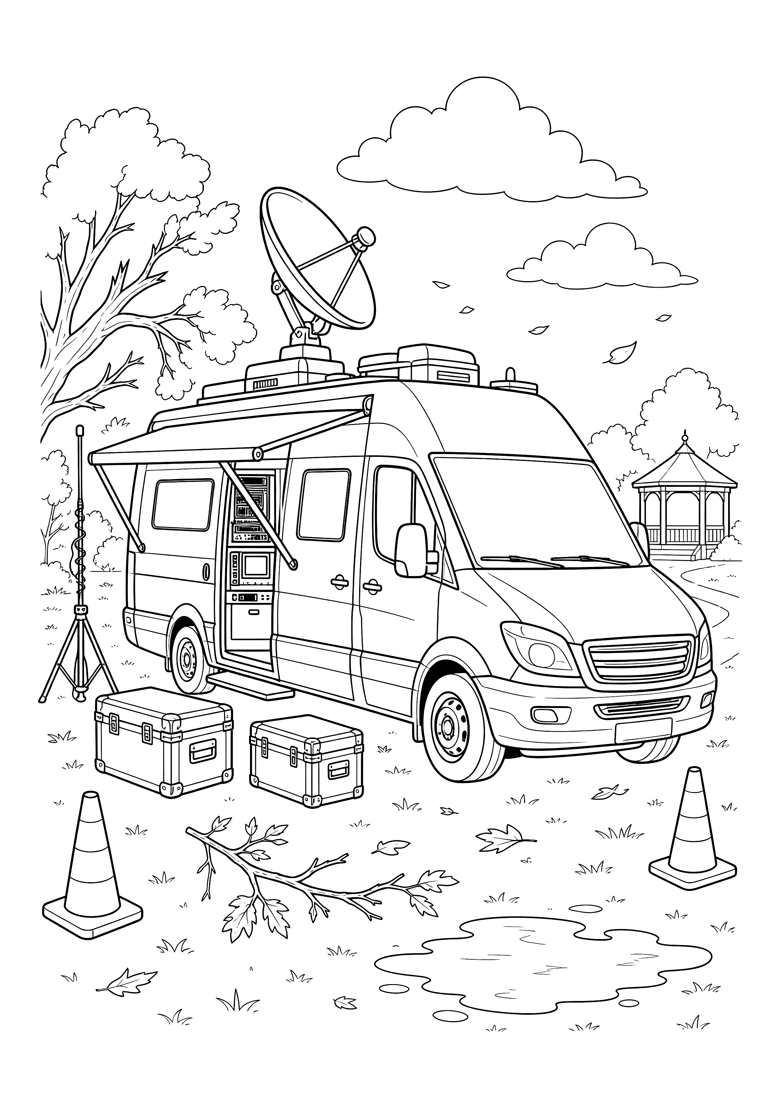 Mobile Einsatzleitung im Park — Ein Einsatzleitwagen steht mit Satellitenschüssel, Funkkoffern, Lampen und Pylonen im stürmischen Park.