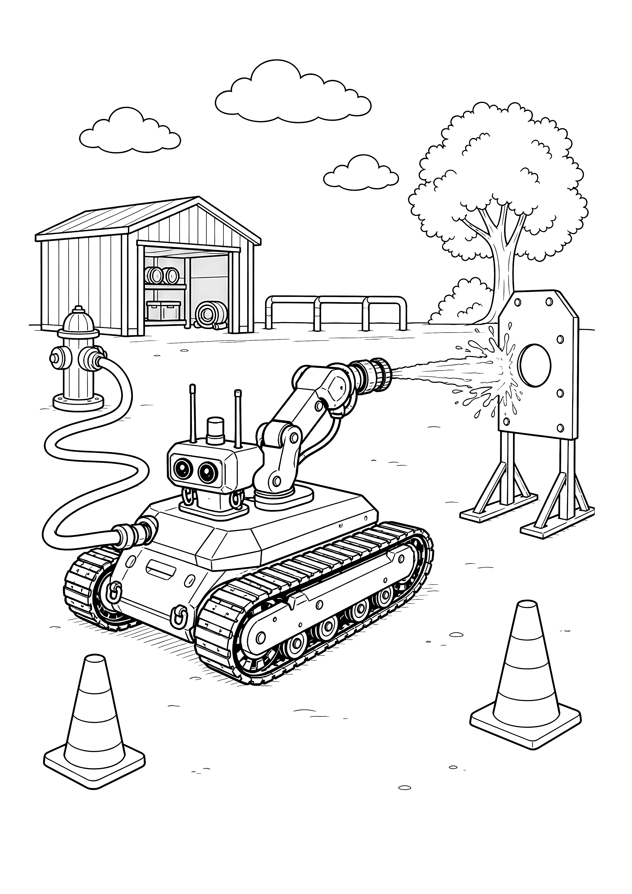 Löschroboter im Training — Ein Kettenroboter richtet seinen Wasserstrahl auf eine Übungsplatte zwischen Hydrant und Pylonen.