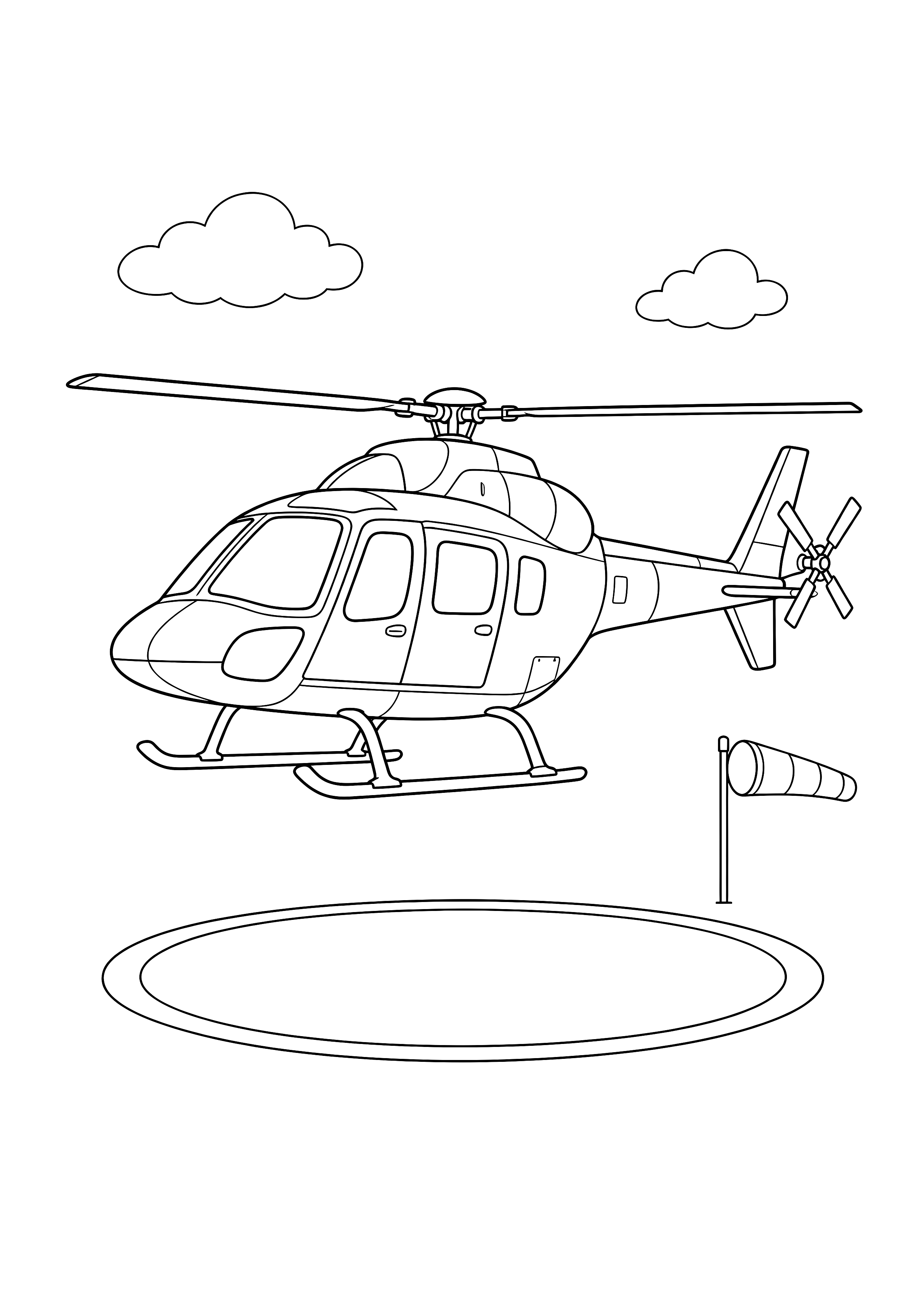 Rettungshubschrauber über dem Landeplatz — Ein Rettungshubschrauber schwebt über einem freien Landeplatz neben Windsack und Wolken.