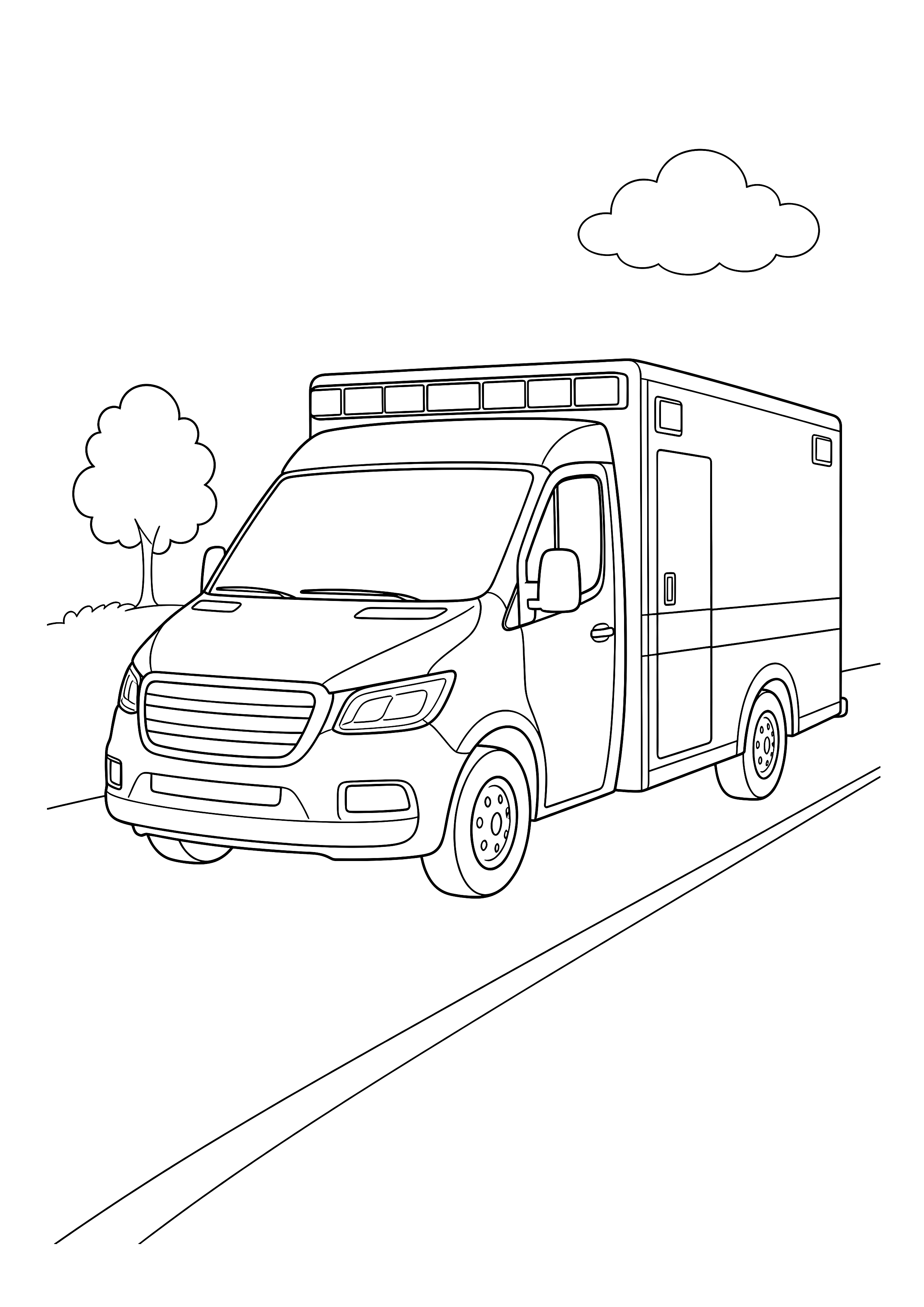 Krankenwagen auf der Straße — Ein moderner Krankenwagen fährt auf einer ruhigen Straße an Baum und Wolke vorbei.