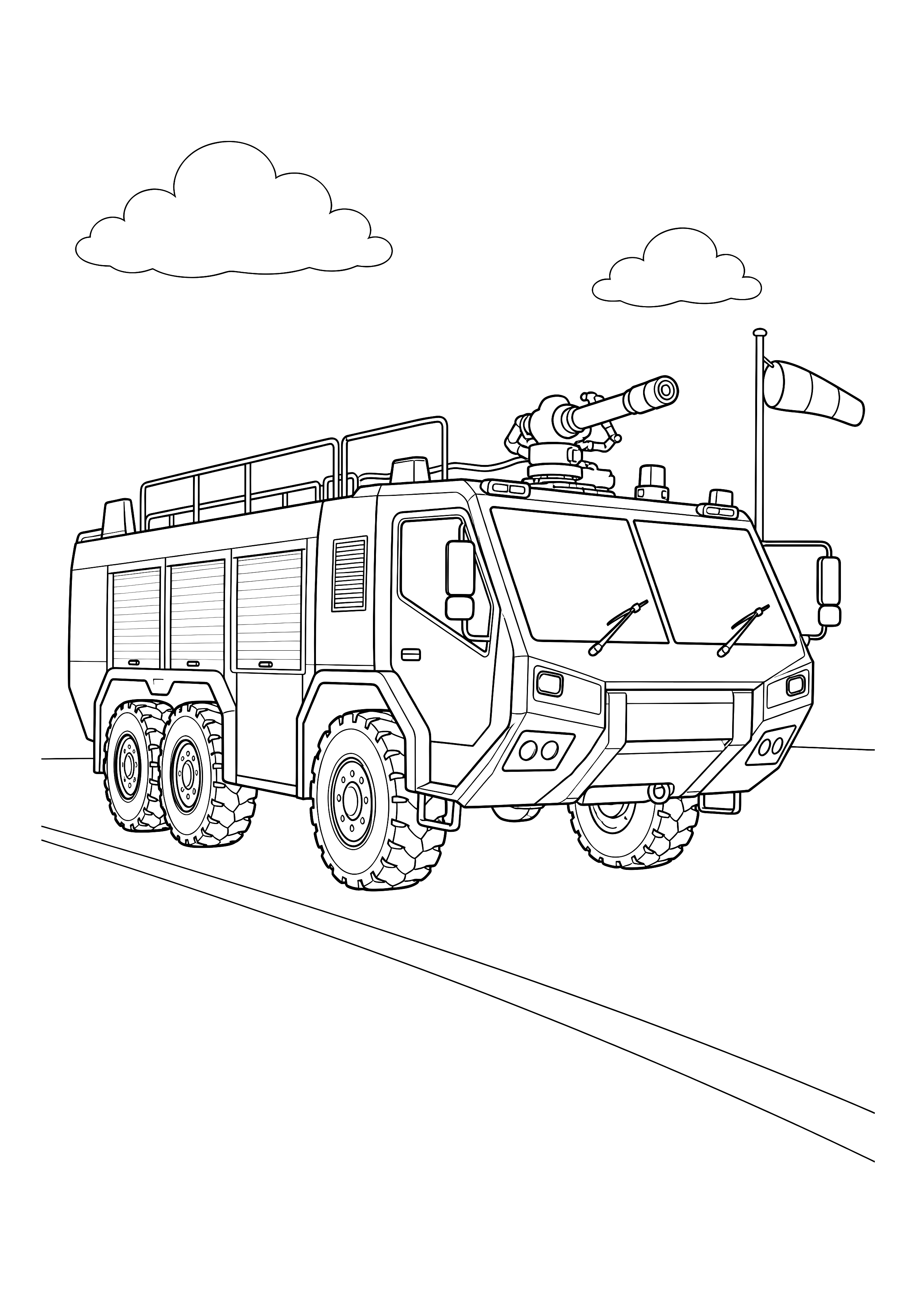 Flughafen-Feuerwehrfahrzeug — Ein großes Flughafen-Löschfahrzeug steht mit Wasserwerfer auf einer offenen Startbahn.