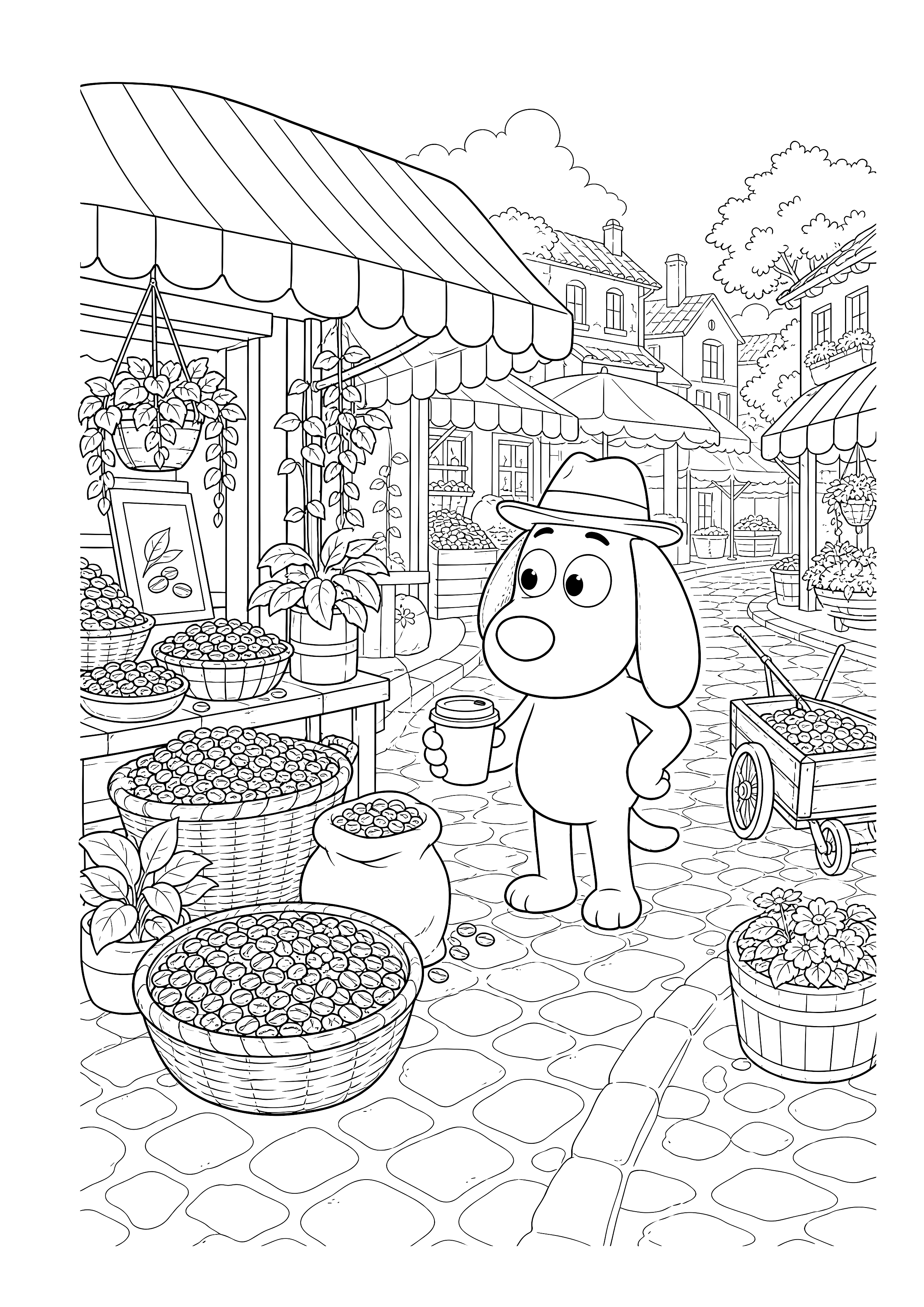 Herbert auf dem Bohnenmarkt — Herbert besucht einen Markt mit Säcken, Körben und bunten Markisen.