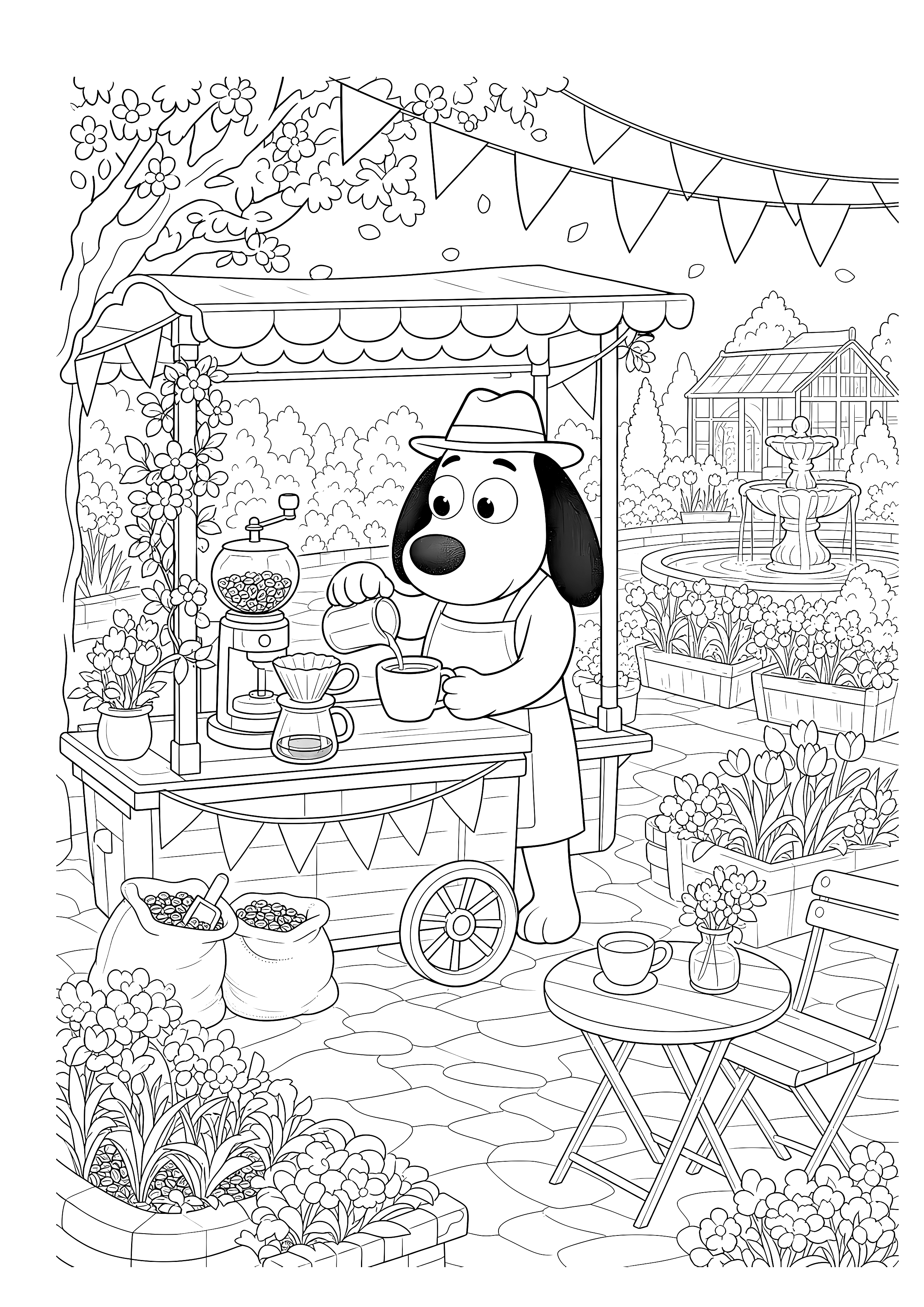 Kaffeewagen beim Blumenfest — Herbert arbeitet zwischen Blumen, Girlanden und Gartentischen.