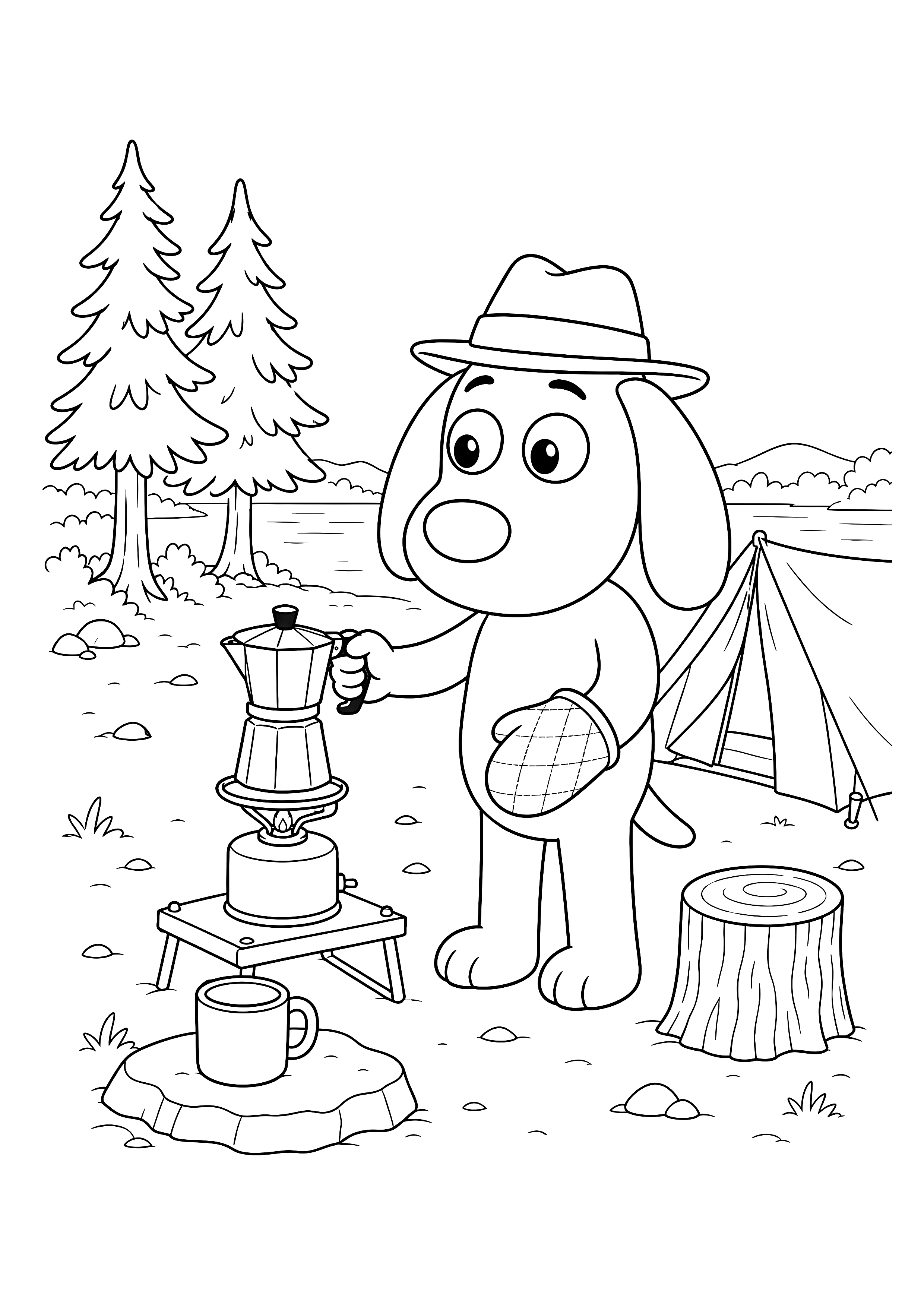 Herbert kocht Kaffee am Zelt — Herbert bereitet mit einer Mokkakanne ein Campingfrühstück vor seinem Zelt zu.