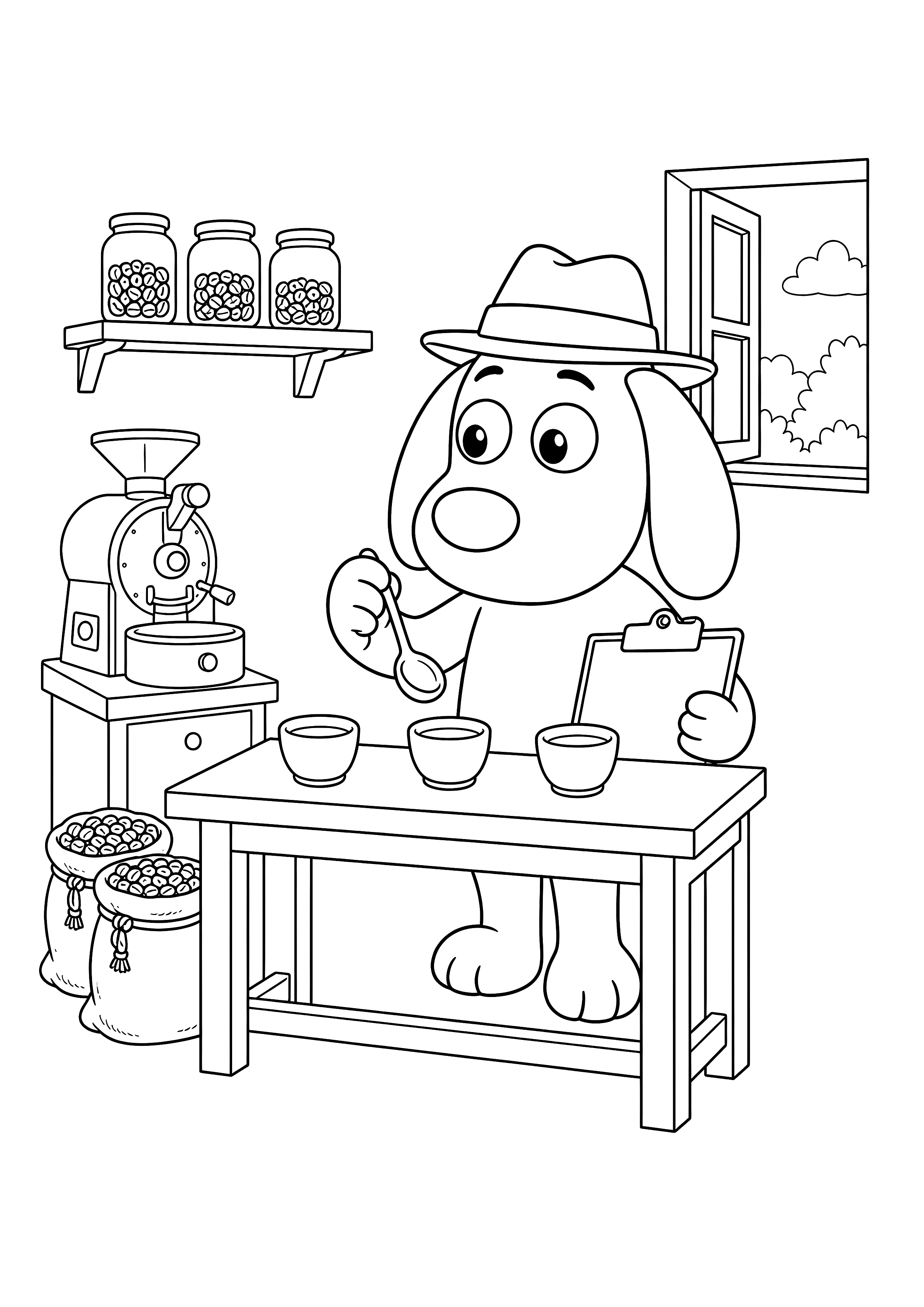 Herbert bei der Kaffeeverkostung — Herbert vergleicht drei Tassen an einem Probiertisch zwischen Röster und Kaffeesäcken.