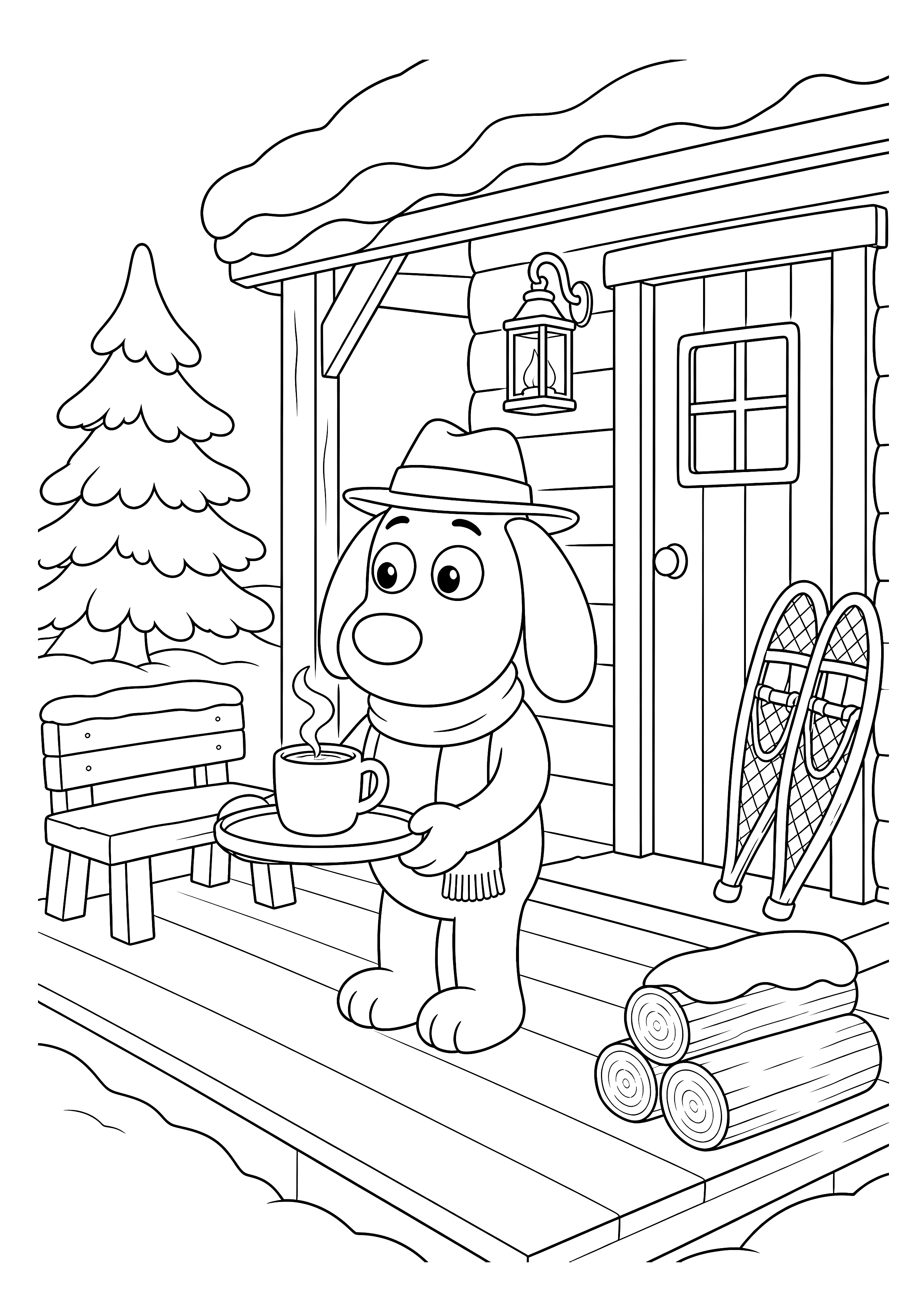 Herberts Winterkaffee auf der Veranda — Herbert wärmt sich mit einer dampfenden Tasse auf der verschneiten Veranda einer Berghütte.