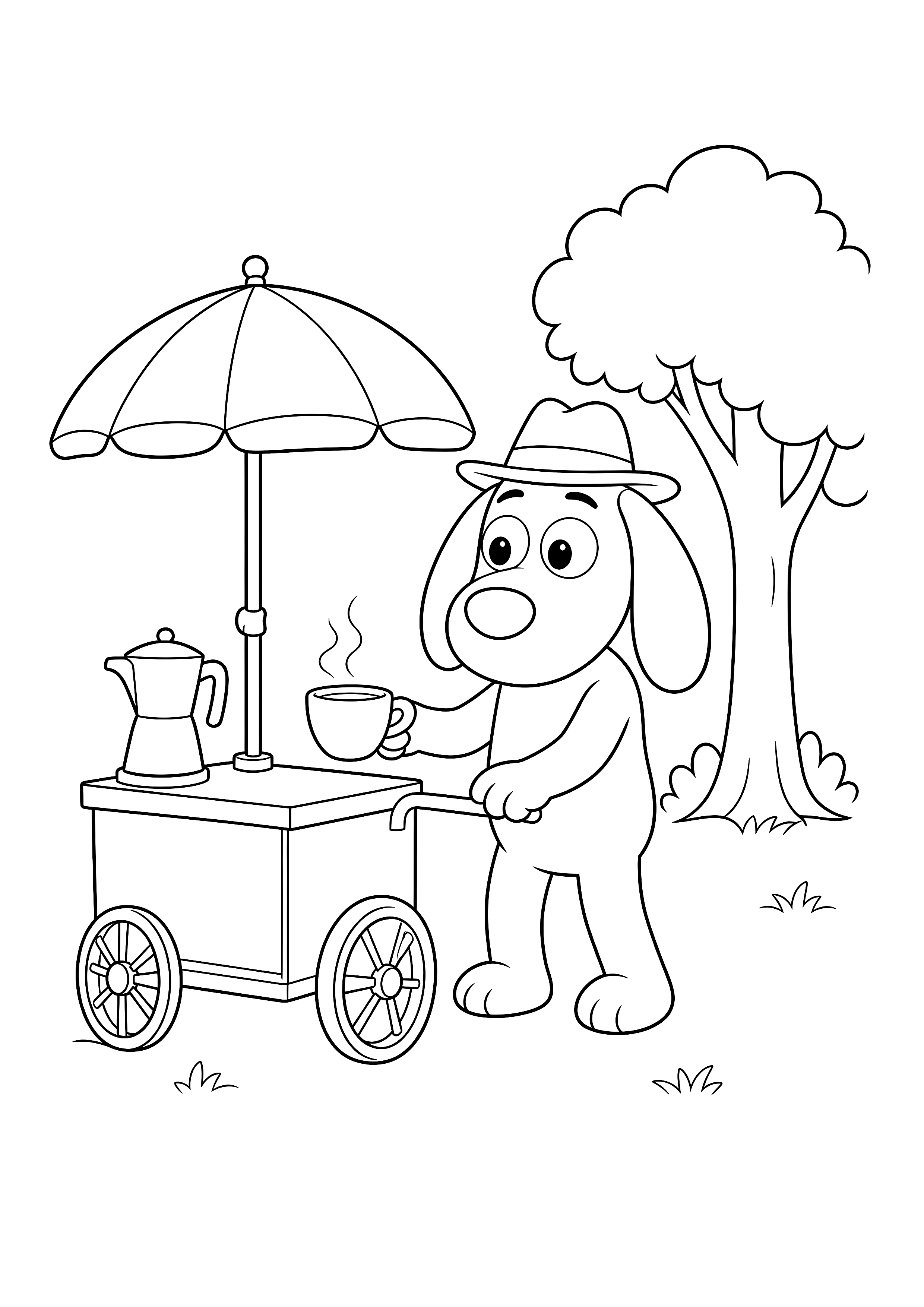 Herberts Kaffeewagen im Park — Herbert schenkt an einem kleinen Wagen unter dem Sonnenschirm aus.