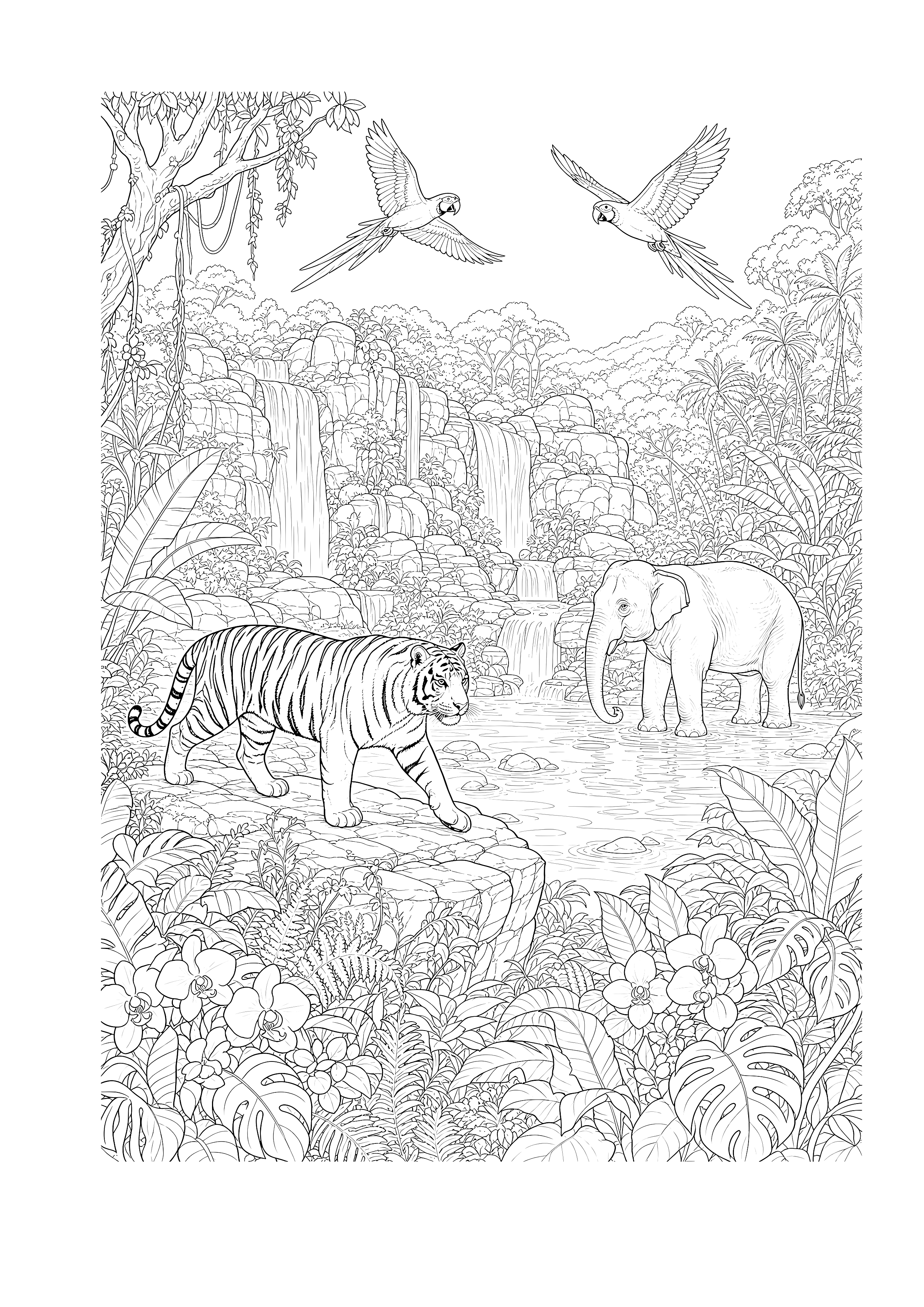 Tiere am Dschungelwasserfall — Tiger, Elefant und zwei Aras teilen sich eine üppige Lichtung vor einem breiten Wasserfall.