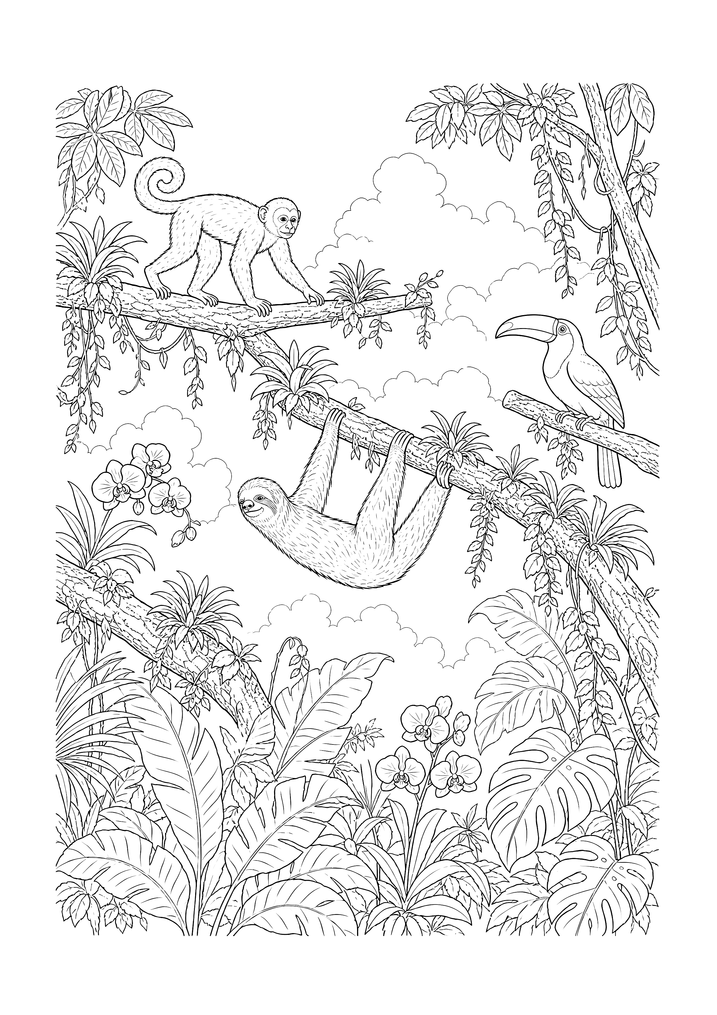 Leben in den Baumkronen — Kapuzineraffe, Faultier und Tukane verteilen sich zwischen Ästen, Orchideen und großen Blättern.