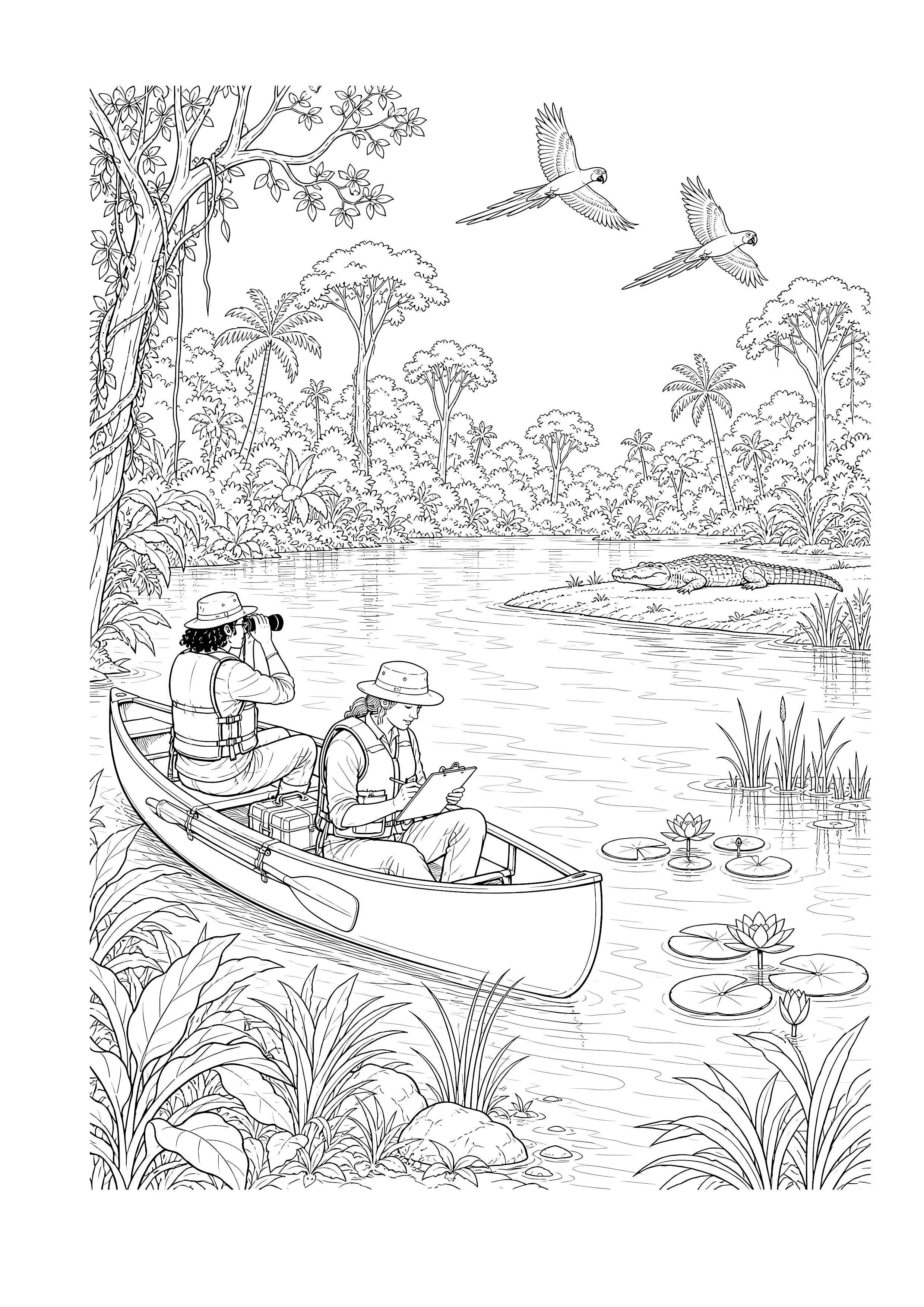 Naturschutz-Expedition am Dschungelfluss — Zwei Forschende beobachten vom Kanu aus Krokodil, Aras und den weiten Dschungelfluss.