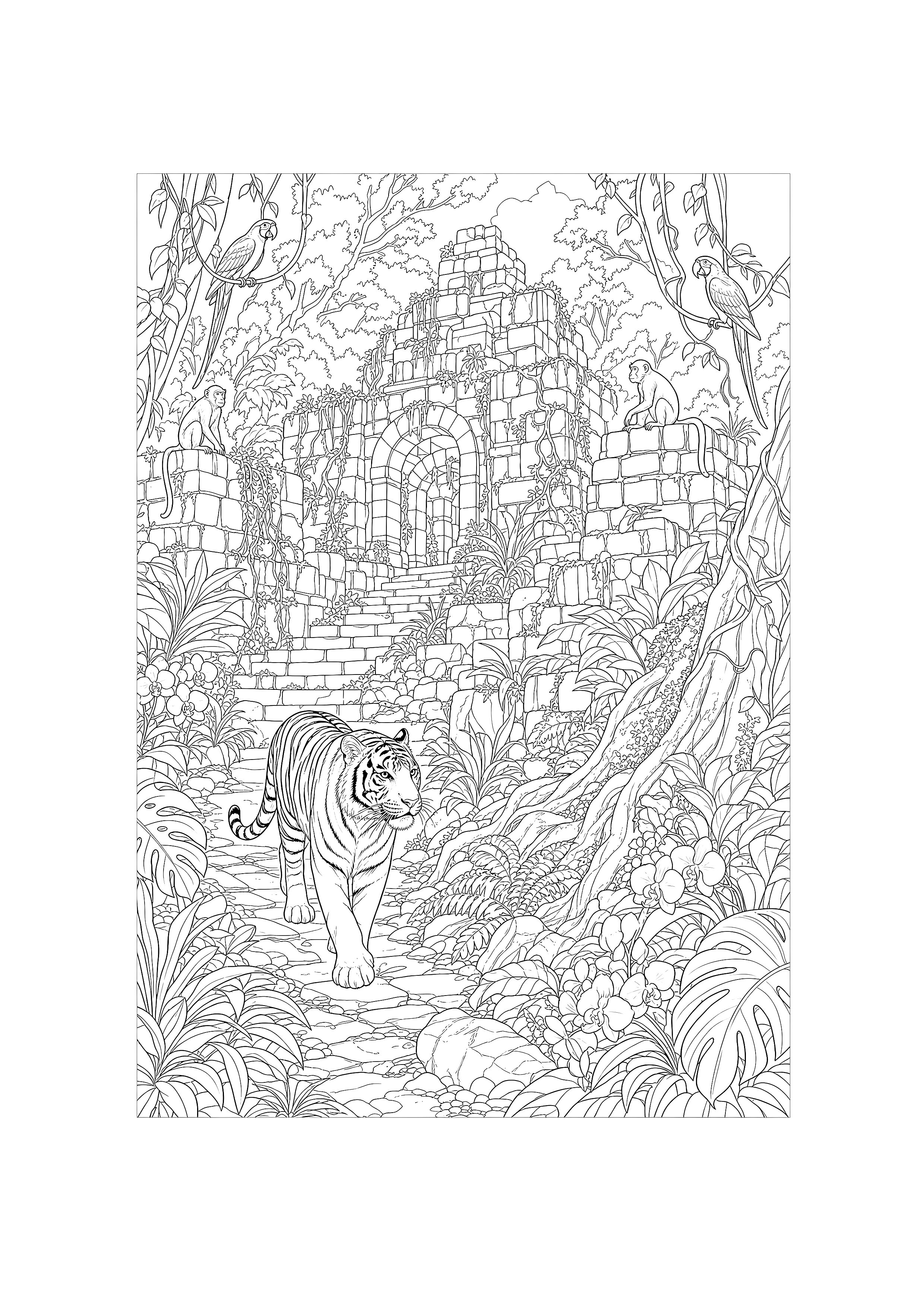 Tiger an der überwachsenen Ruine — Ein Tiger erkundet eine generische Steinruine zwischen Affen, Papageien, Wurzeln und Farnen.