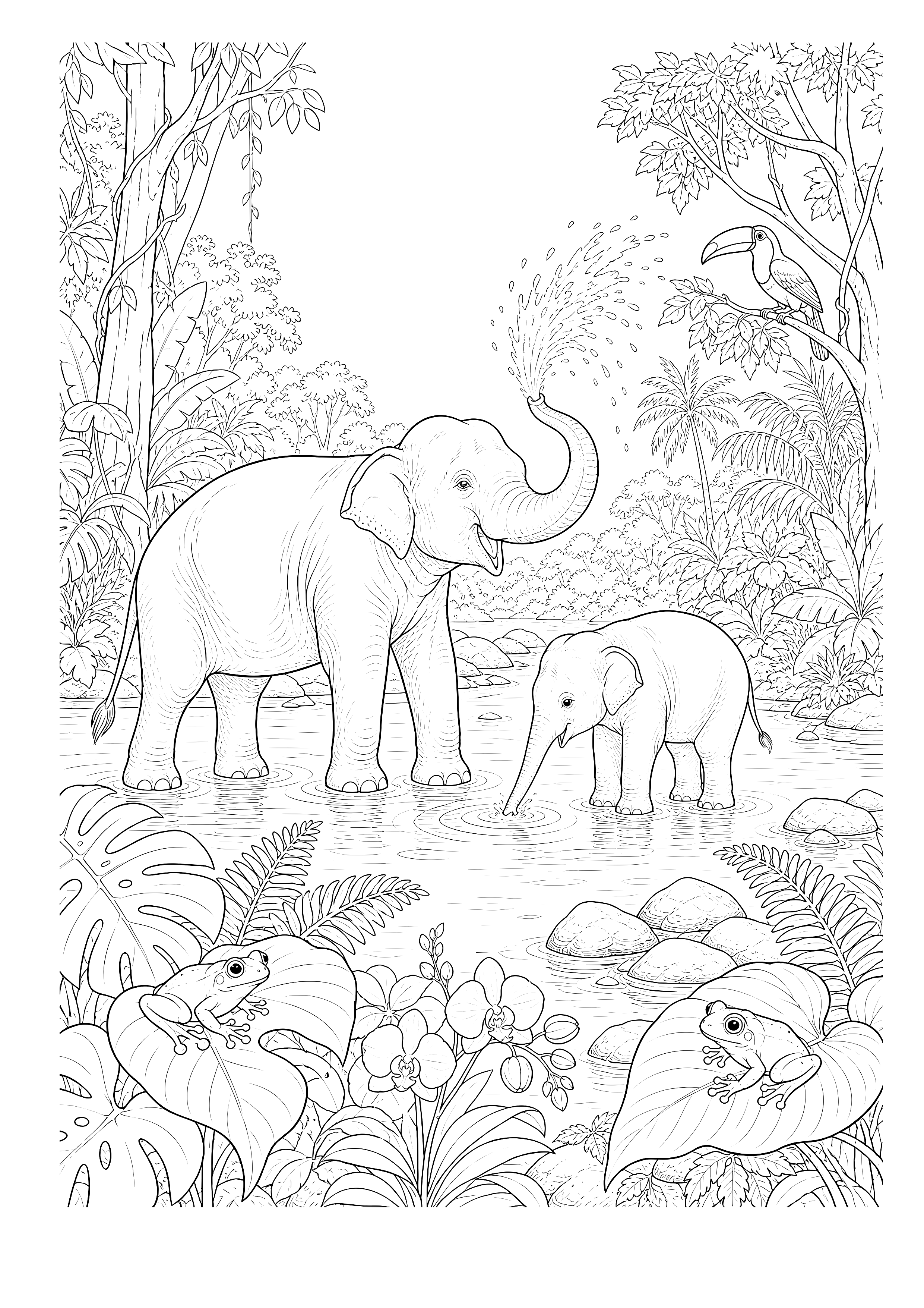 Elefantenfamilie am Wasserloch — Ein Elefant und ein Kalb planschen zwischen Baumfröschen, Tukan und tropischen Pflanzen.
