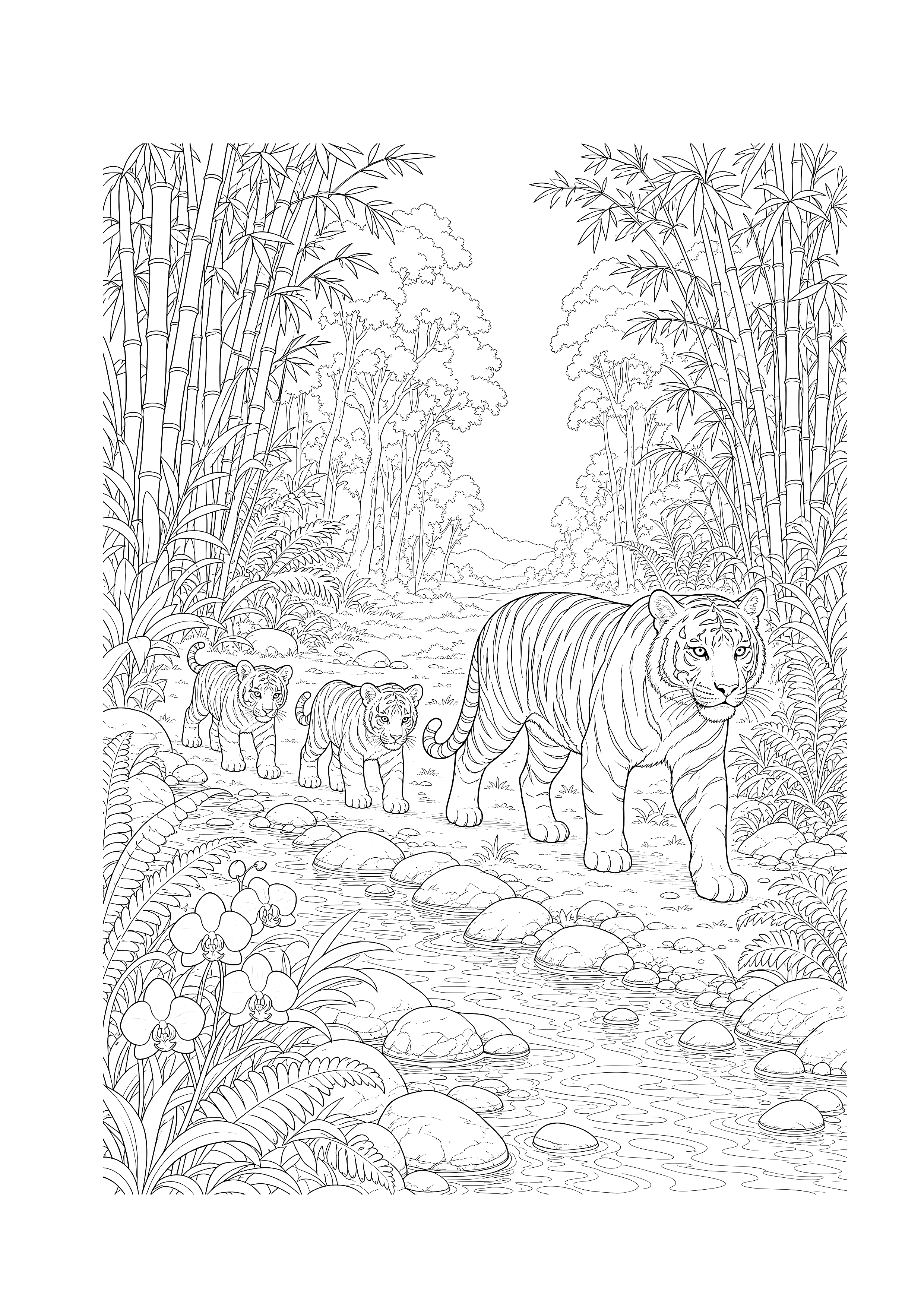 Tigerfamilie am Bambusbach — Eine Tigerin führt zwei Jungtiere durch Bambus und Farne an einem flachen Bach entlang.