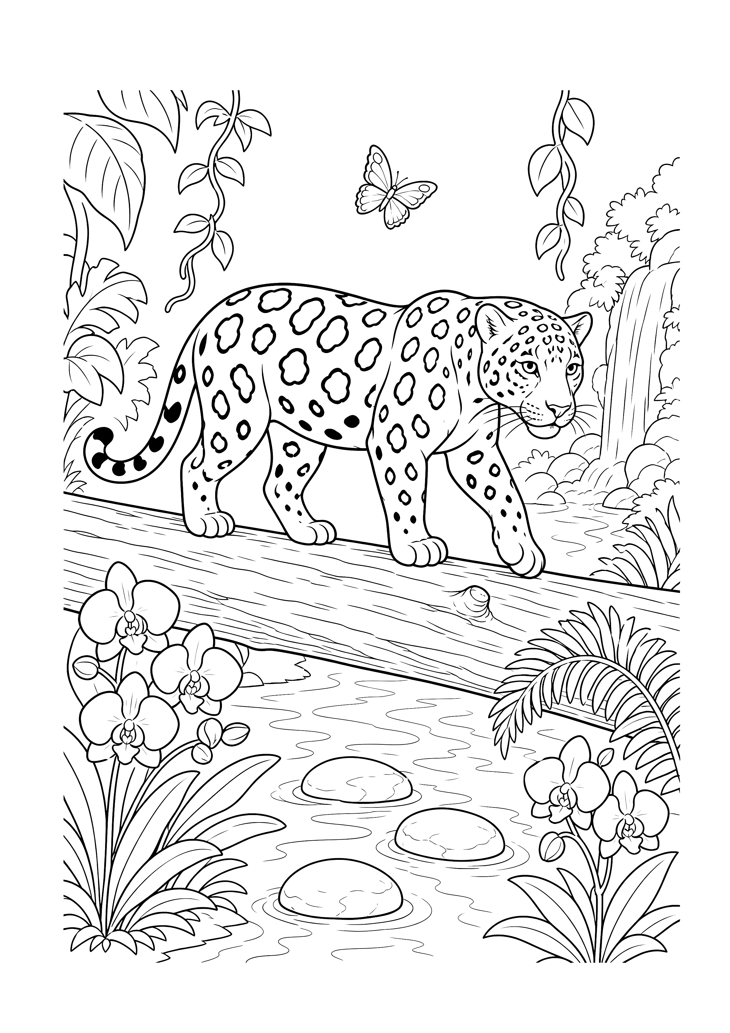 Jaguar auf dem Dschungelstamm — Ein Jaguar balanciert über einen gefallenen Baumstamm am Bach zwischen Orchideen, Farnen und Schmetterling.