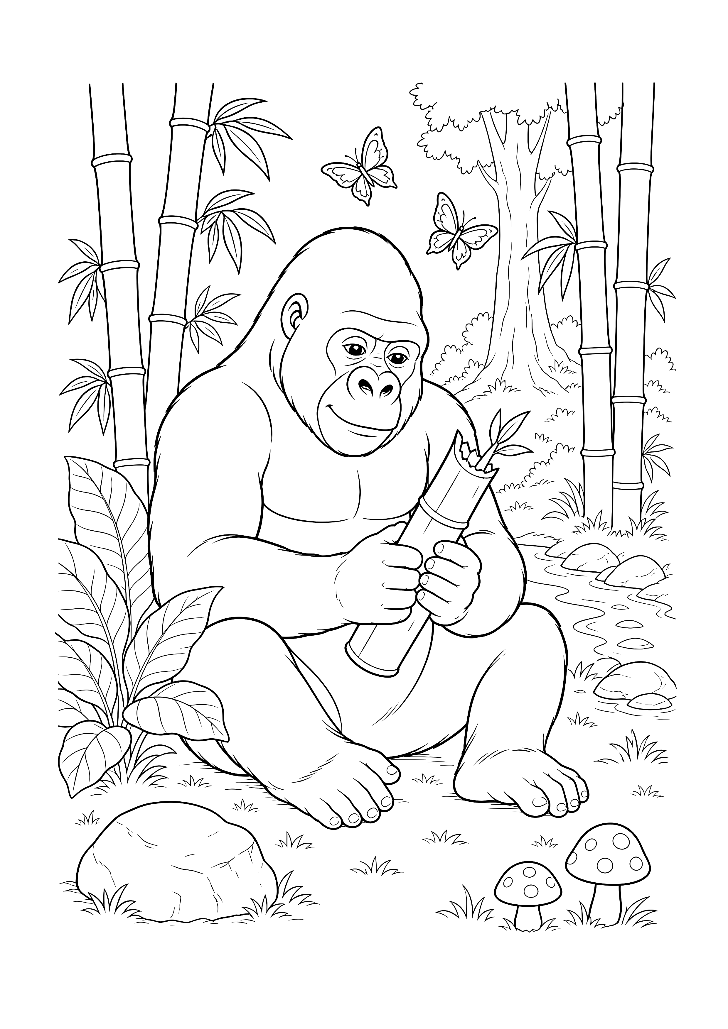 Gorilla mit Bambusspross — Ein ruhiger Gorilla sitzt mit einem Bambusspross zwischen Bambusstäben, Bachsteinen, Pilzen und Tropenpflanzen.