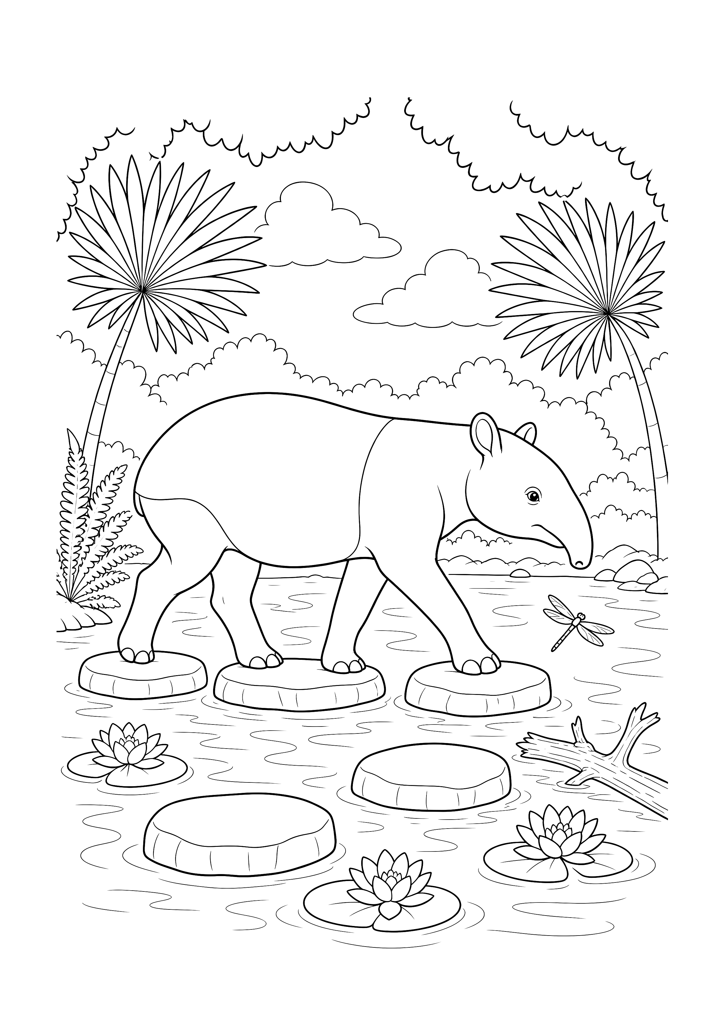 Tapir auf den Trittsteinen — Ein Tapir überquert einen flachen Dschungelteich auf runden Steinen zwischen Palmen, Farnen und Libelle.