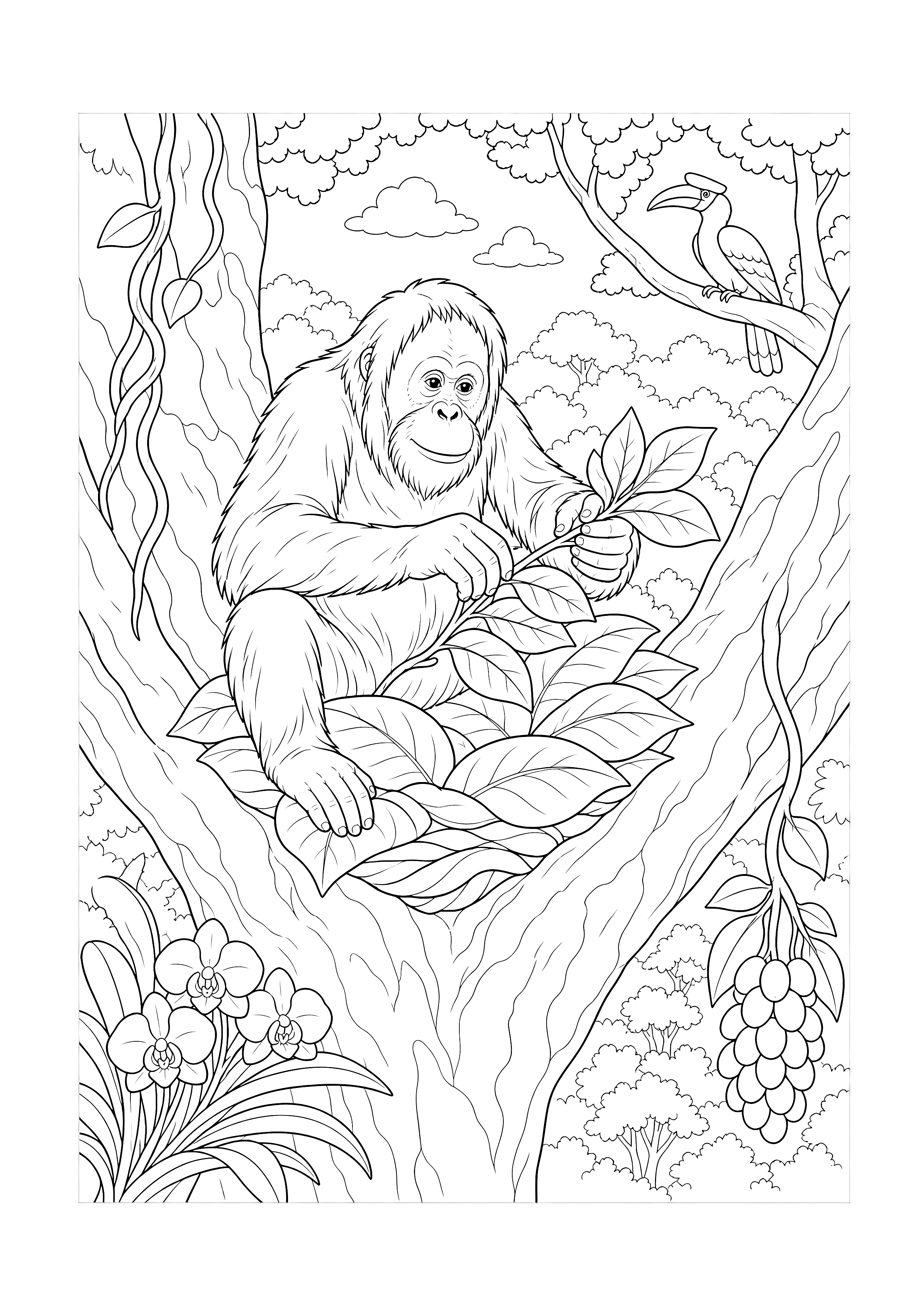 Orang-Utan baut ein Blätternest — Ein Orang-Utan legt große Blätter zu einem Nest zwischen Baumstämmen, Lianen, Blüten und einem Vogel.