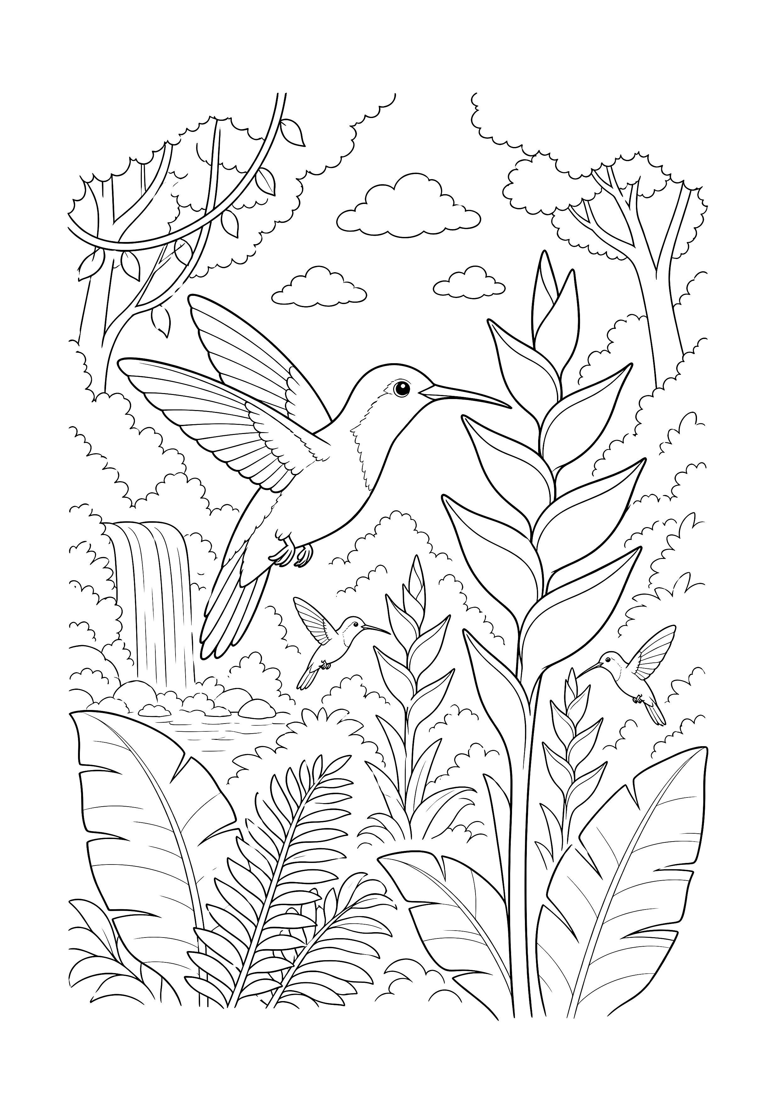 Kolibris an der Tropenblüte — Ein großer Kolibri schwebt an einer Blüte, während kleinere Kolibris zwischen Wasserfall, Lianen und Blättern fliegen.