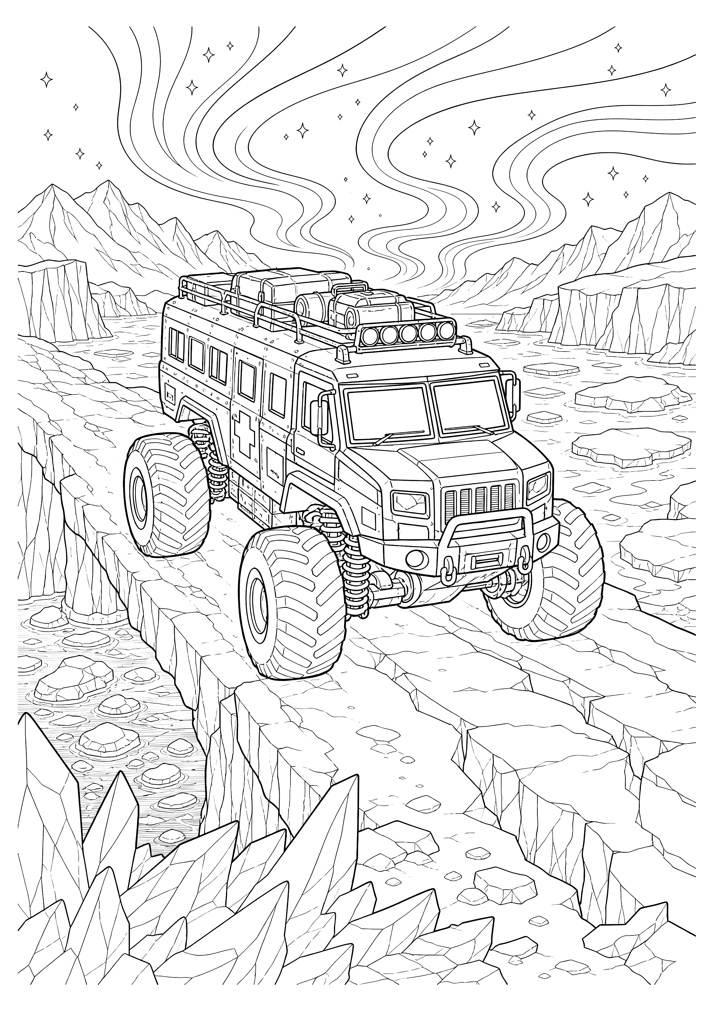 Arktis-Monstertruck unter Polarlichtern — Ein Rettungs-Monstertruck überquert eine rissige Eisbrücke zwischen Gletschern und Polarlichtern.