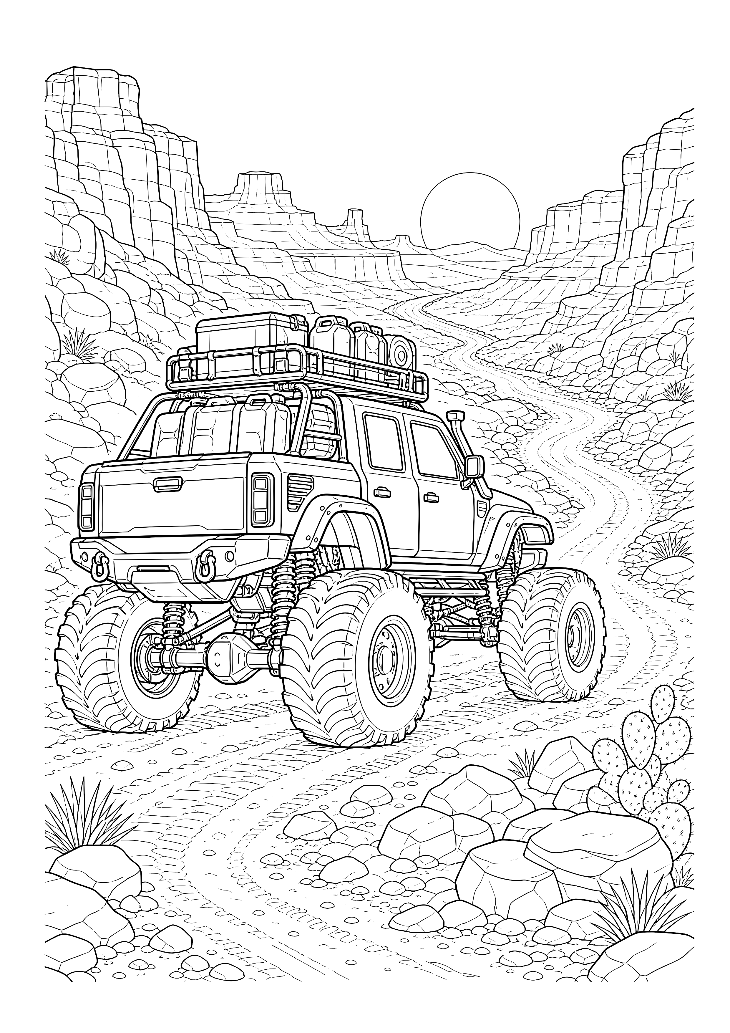Monstertruck im Wüstencanyon — Ein Expeditions-Monstertruck folgt bei Sonnenuntergang einem felsigen Weg durch den Canyon.